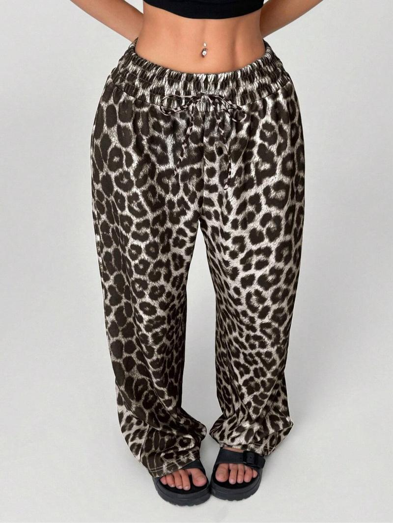 【Plus Size】 Leopard Print Wide Leg Pants, Casual Comfy Trousers for Daily Wear, Women's Bottoms for All Seasons, Casual Fashion Pants