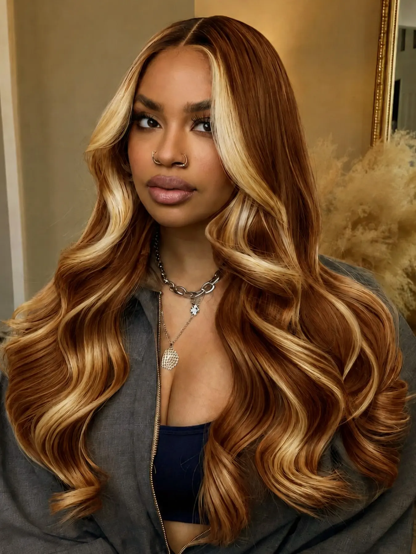 26 Inch Caramel Brown with Honey Blonde Highlights Body Wave Lace Front Wig |Heat Resistant Synthetic Fiber, Soft & Lightweight Natural Parting