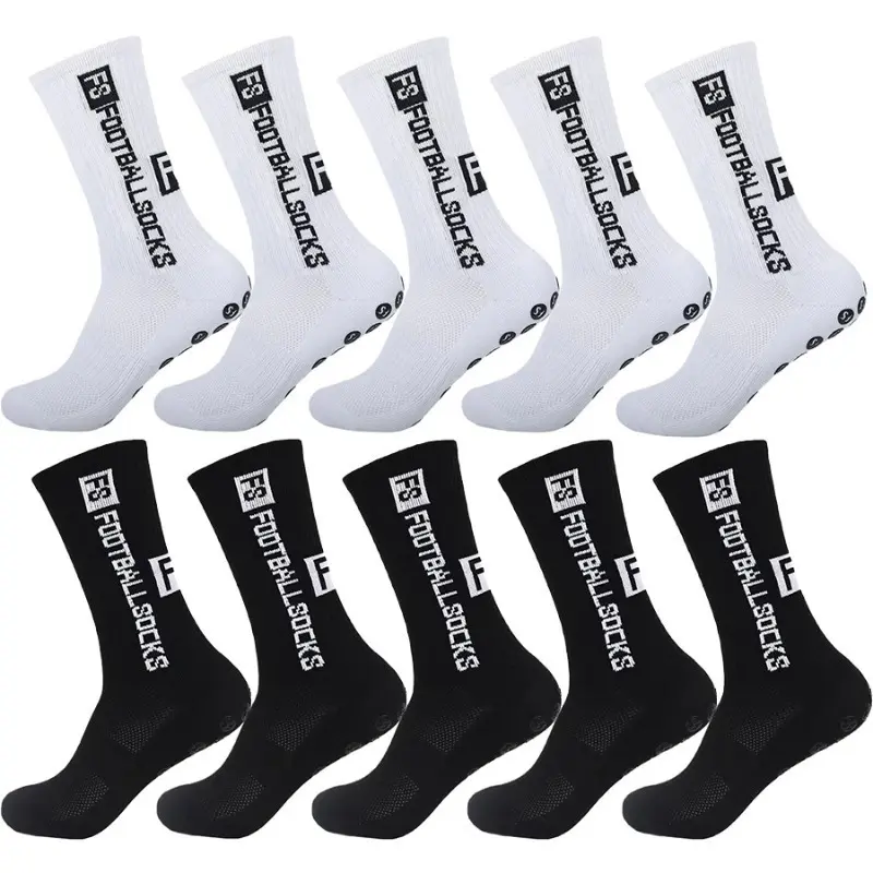 FS Non-Slip Plain Mid-Calf Grip Socks for Soccer, 5/10 Pairs Athletic Sports Socks with Rubber Pads, Breathable All-Season Use for Men