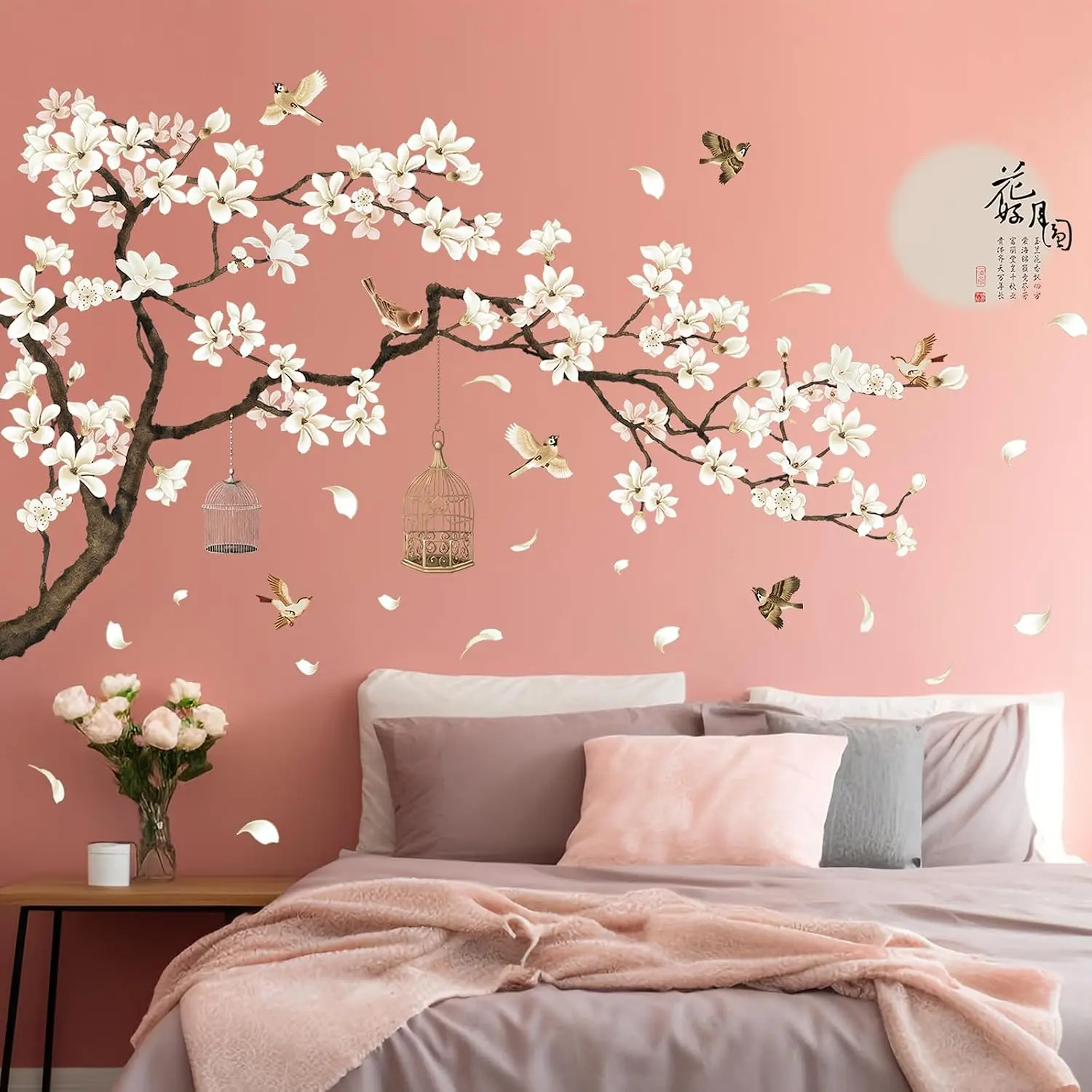 Chinese Style White  Black Tree and Flying Birds Wall Stickers Removable DIY Wall Art Decor  Murals for   Offices  Walls Bedroom Study Room Wall Decaoration, 50inchx74inch