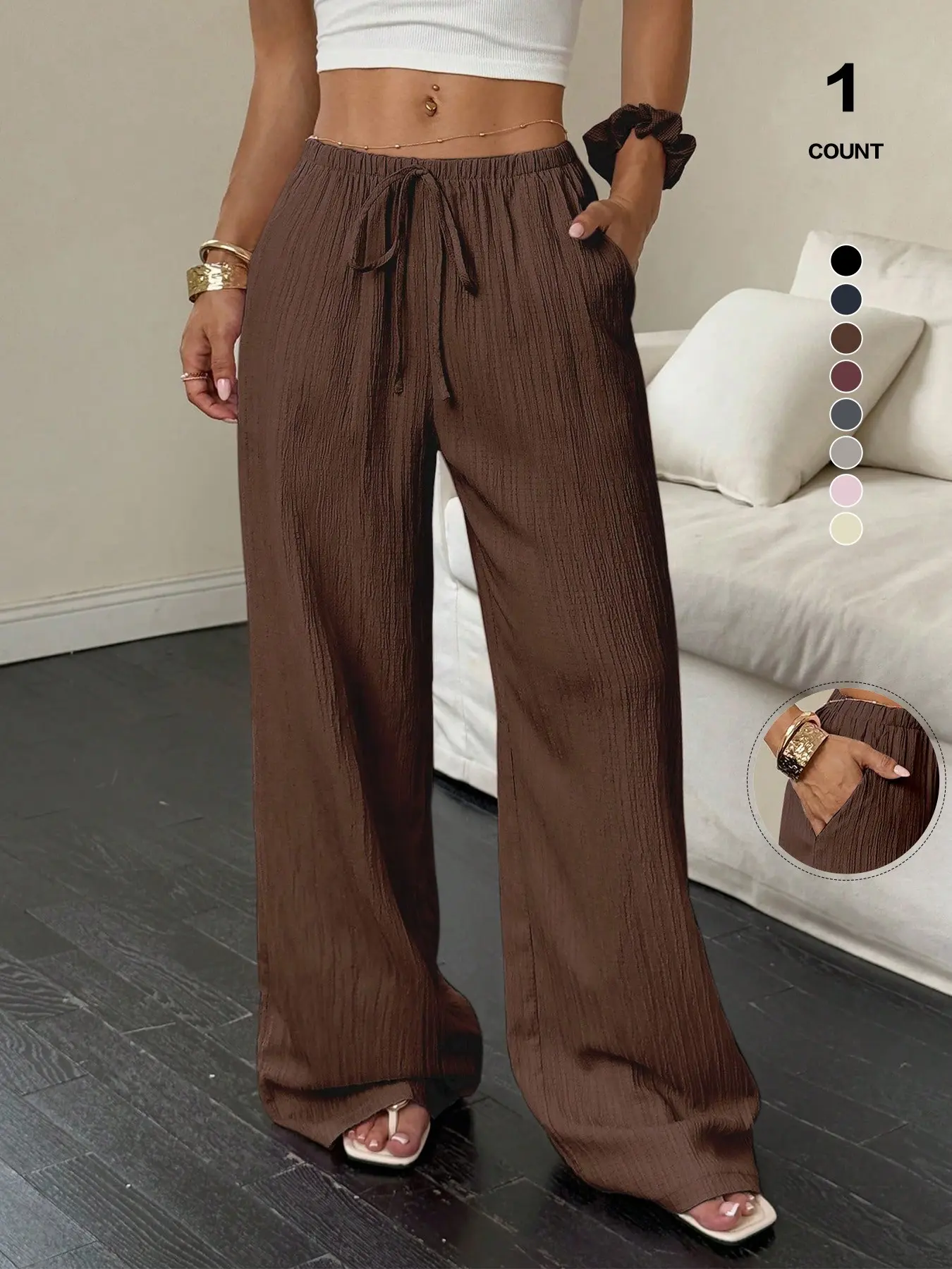 Casual Crinkle Loose Oversized Wide Leg Pants Bottoms for Women, High Waist & Adjustable Drawstring, Side Pockets, Palazzo Style, Loose Casual Chic, Travel & Shopping
