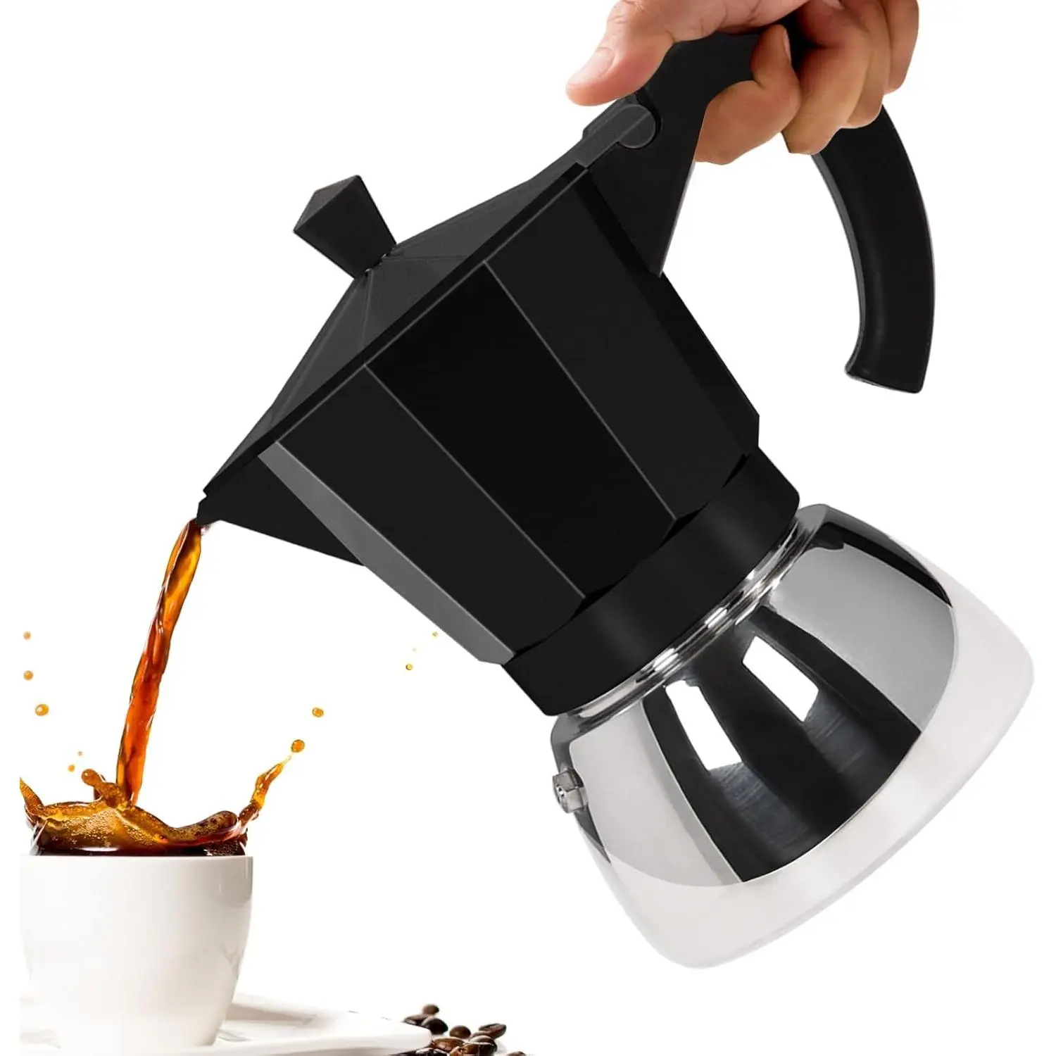Black No-Coating 4-Cup Aluminum Steel Coffee Percolator - 220ml/7.44oz Stovetop Espresso Maker, Stainless Steel Build, Italian Look, Stove-Compatible Design