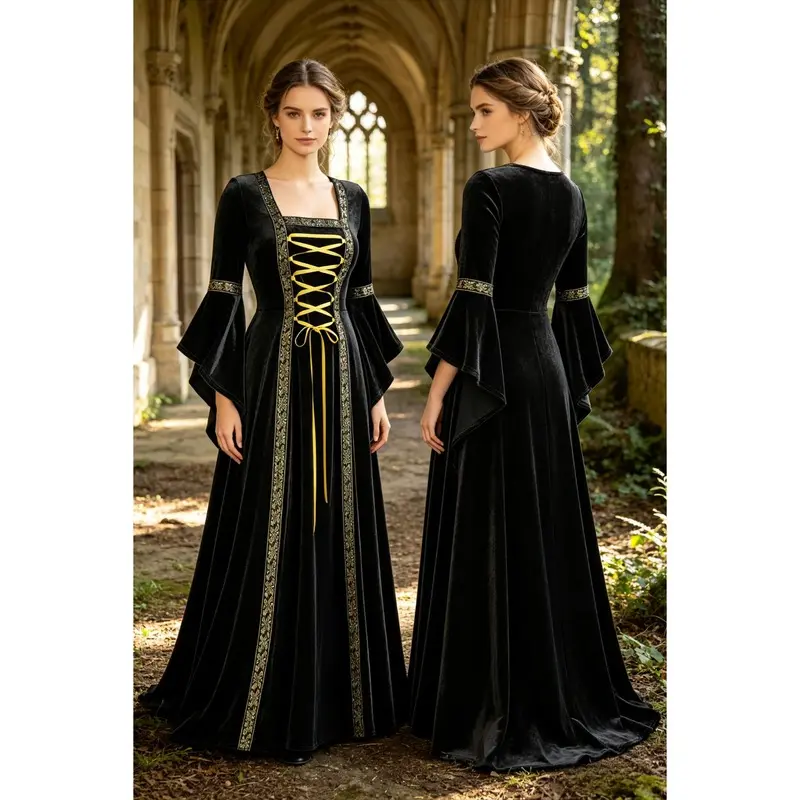 Women's Medieval Renaissance Velvet Dress, Gothic Witch Costume with Flared Sleeve, Square Neck Lace-Up Maxi Gown for Halloween Cosplay Party