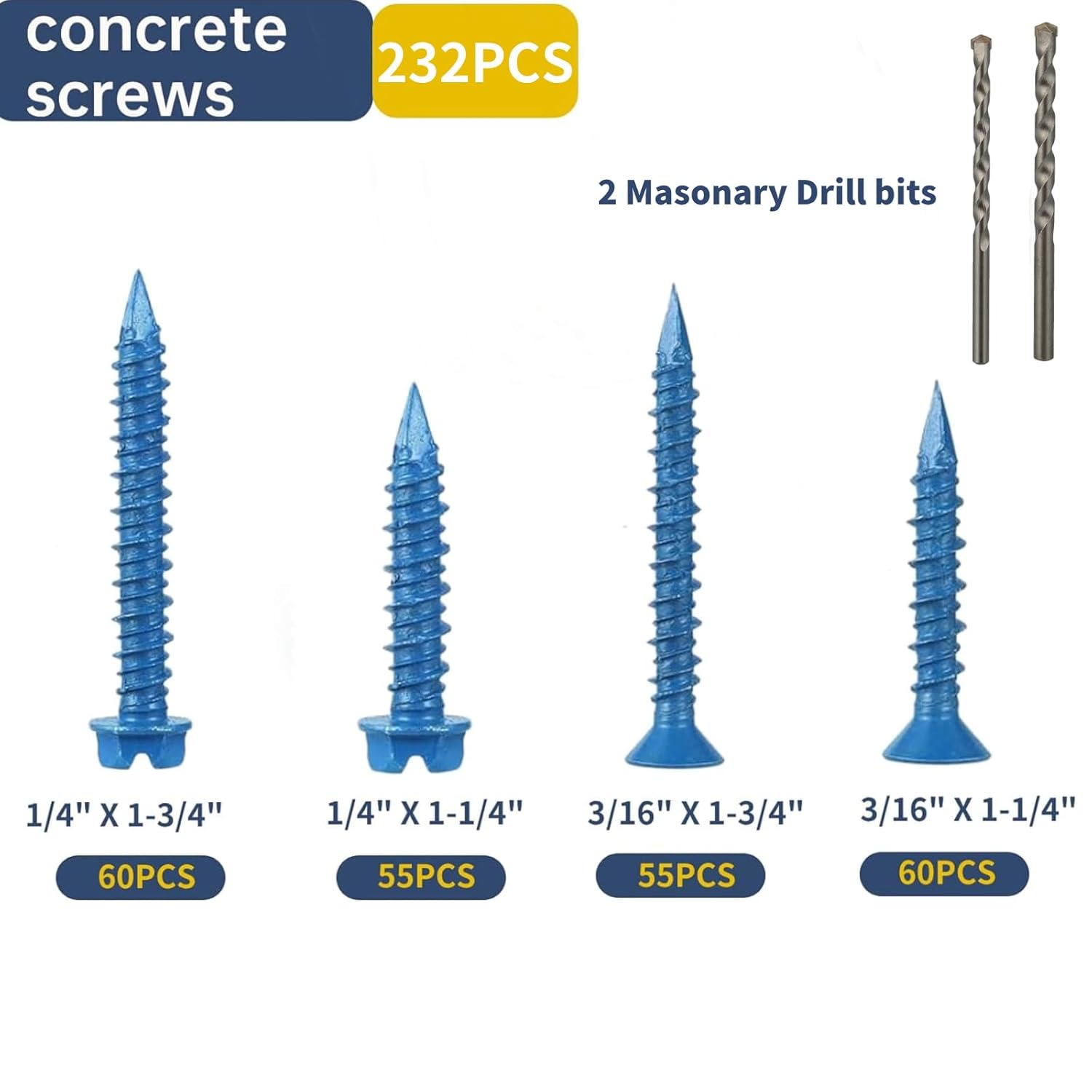 232 count Concrete Screws with Drill bits,1/4 3/16 Masonry Screws for Concrete Assortment Kit,4 Sizes Flat & Hex  Block Cement Stacoo Screws and Anchors, Point,Blue Coated
