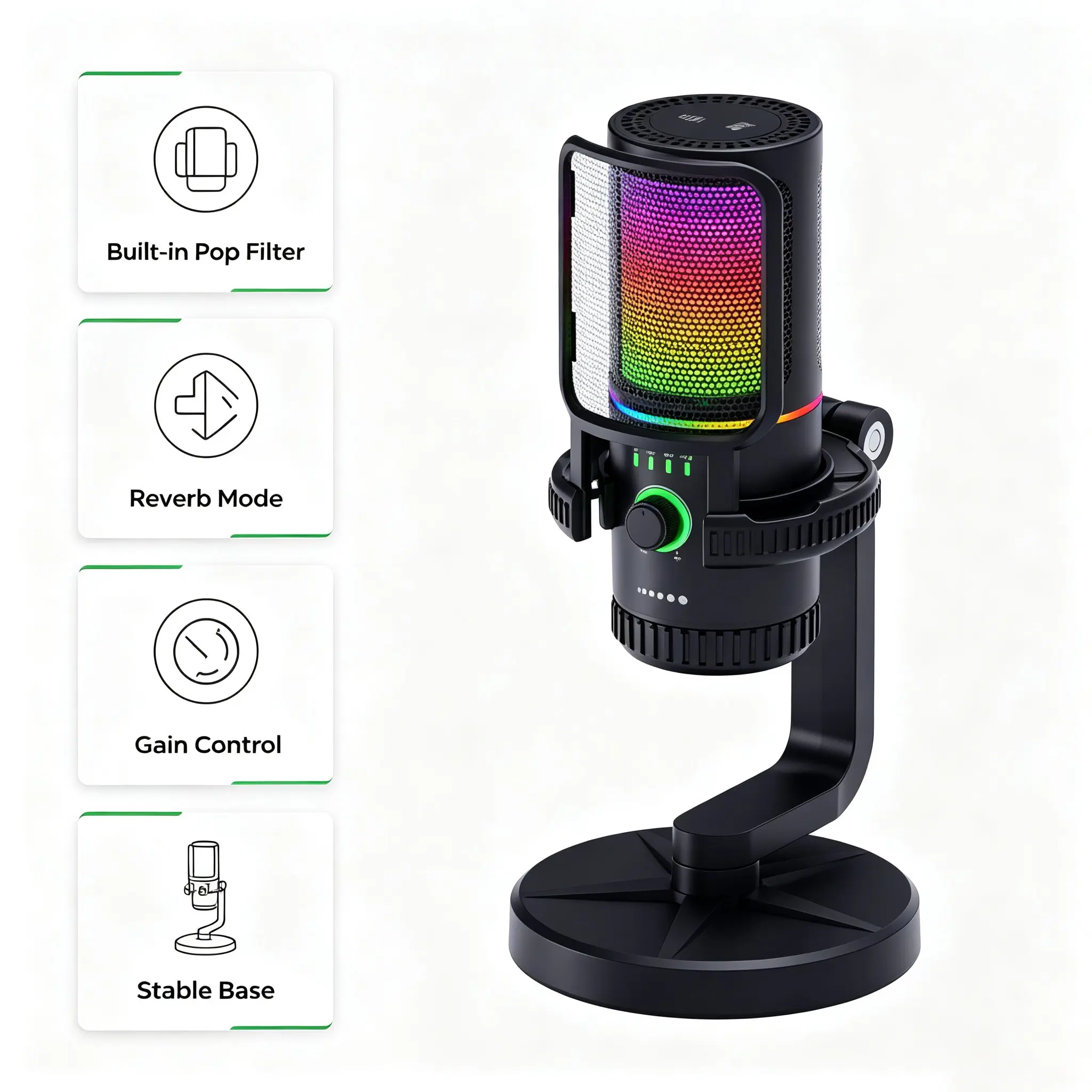 USB Capacitor RGB Microphone for PC Gaming Streaming, Plug and Play, Fast Mute, RGB Lighting, Gain Control, Compatible with Ps5, Discord, Twitch