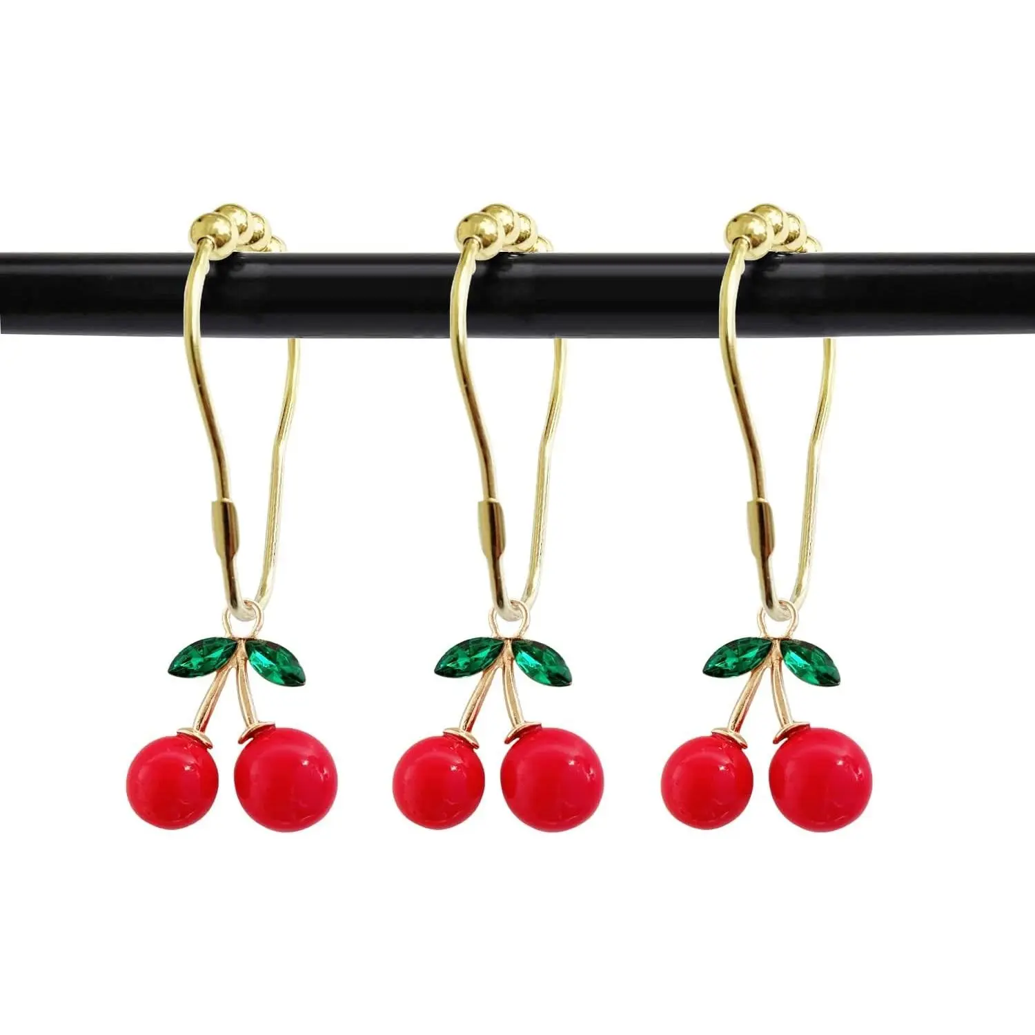 Set of 12 Cherries Shower Curtain Hooks Rings, Red Cherry Pendant Decoration, Fruit Style for Kids Bathroom, Stainless Steel Hooks Rustproof (Red-Cherry)