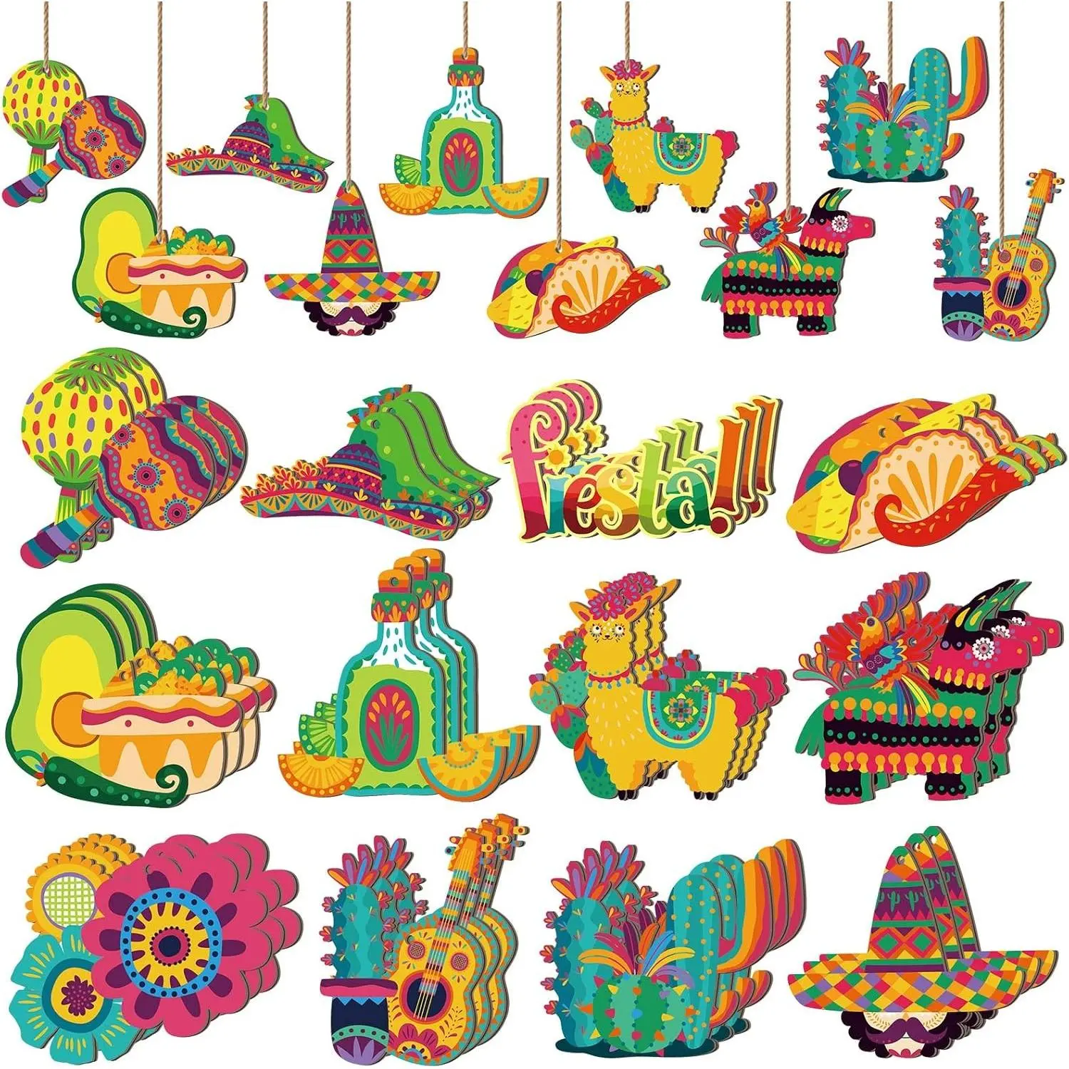 36 Pcs Mexican Fiesta Tree Ornaments Cinco De Mayo Decoration | Colorful Cactus Guitar Hat Designs, Mexican Wood Hanging Decor, Wooden Cutouts for Mexican Fiesta Party Outdoor Decorations