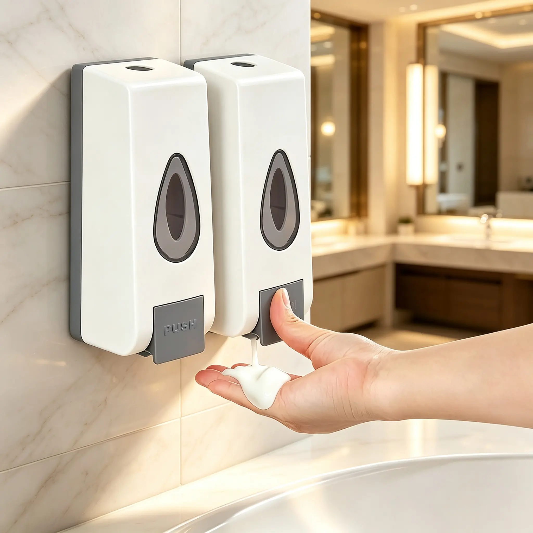 2-Piece Wall-Mounted Soap Dispenser Set, Push-Button 360ML Shampoo & Shower Gel Dispenser, No Drilling Bathroom Soap Holder, Hotel & Home Use