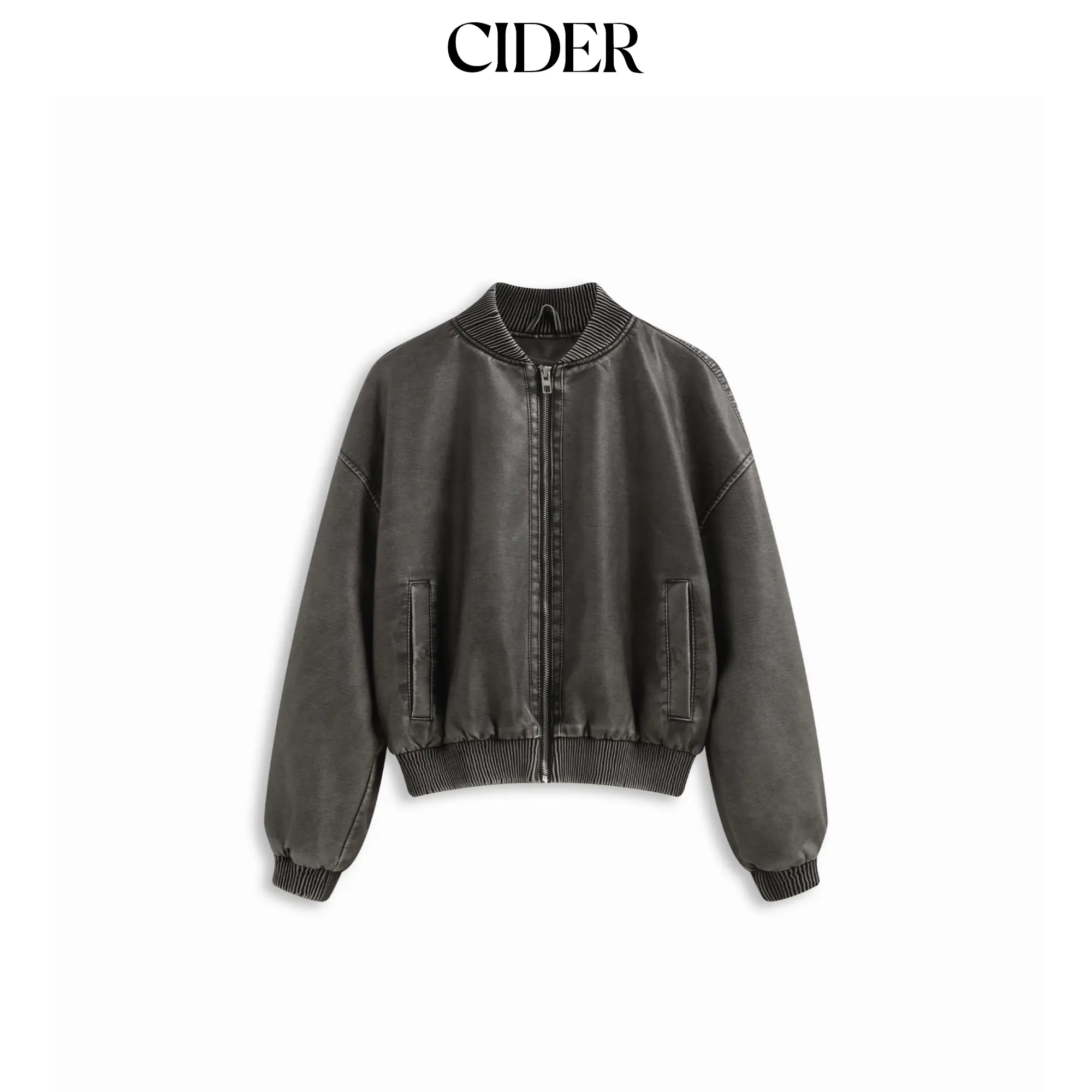 Cider Faux Leather Stand Collar Zip Through Bomber Jacket Cider Faux Leather Stand Collar Zip Through Bomber Jacket