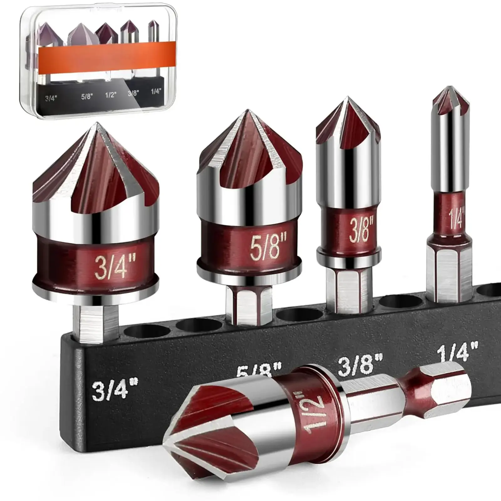 5 Pack Chamfer Hole Cutting Tool Set, 82-Degree 5-Flute Deburring Bits with Easy Install Hex Shaft, Sizes Range from 1/4 Inch to 3/4 Inch, Multipurpose Drilling Accessories for Wood, Metal & Plastic Materials