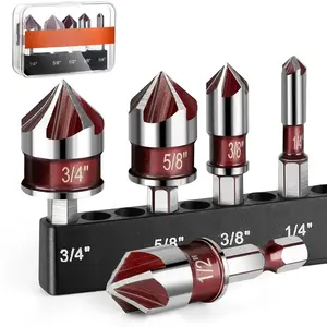 5 Pack Chamfer Hole Cutting Tool Set, 82-Degree 5-Flute Deburring Bits with Easy Install Hex Shaft, Sizes Range from 1/4 Inch to 3/4 Inch, Multipurpose Drilling Accessories for Wood, Metal & Plastic Materials