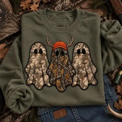 Retro Ghost Hunting Halloween Sweatshirt, Spooky Camo Graphic Pullover Vintage Ghost Hunter Crewneck Fall Fleece Top Cute Halloween Gift for Women