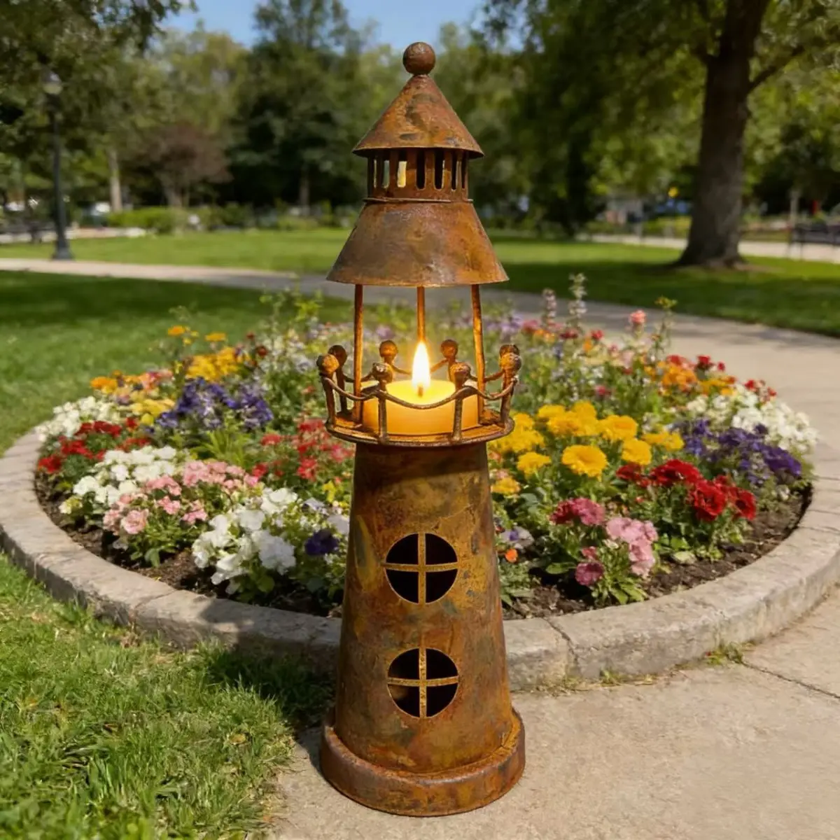 Vintage Rusted Metal Lighthouse Candle Holder, Nautical Style Lantern Decor for Tabletop, Farmhouse Home, Patio and Garden, Rustic Lighthouse Ornament for Indoor Outdoor Display, Coastal Decorative Accent and Gift for Ocean Lovers