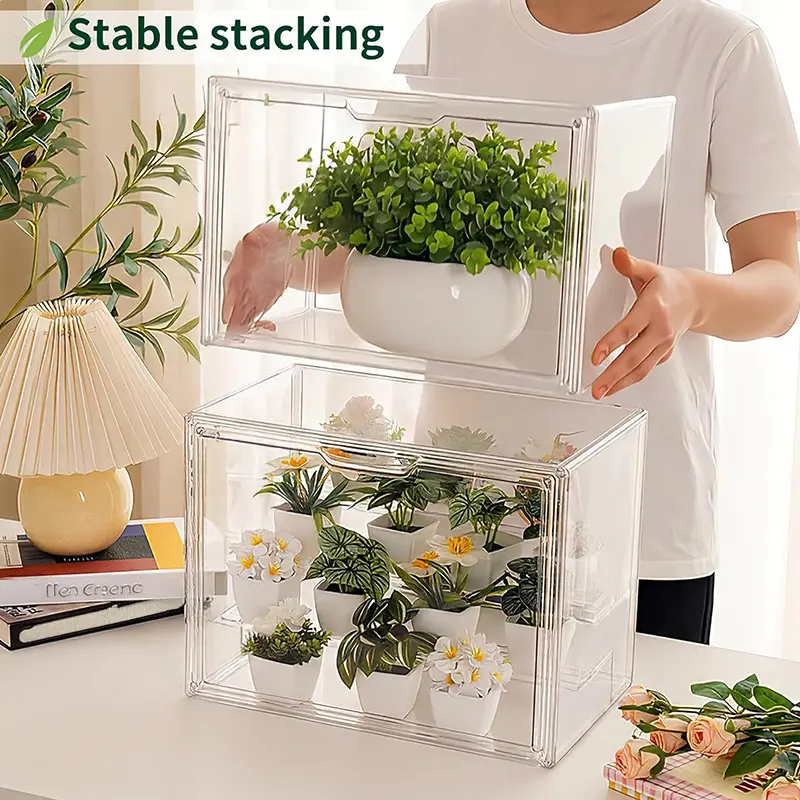 Indoor Mini Portable Greenhouse - Transparent Stable Stacking Organizer Storage Box with Magnetic Waterproof Door, Compact Magnetically Integrated Mini Storage Box for Small Plant Home Organization, Organizer Storage Boxes