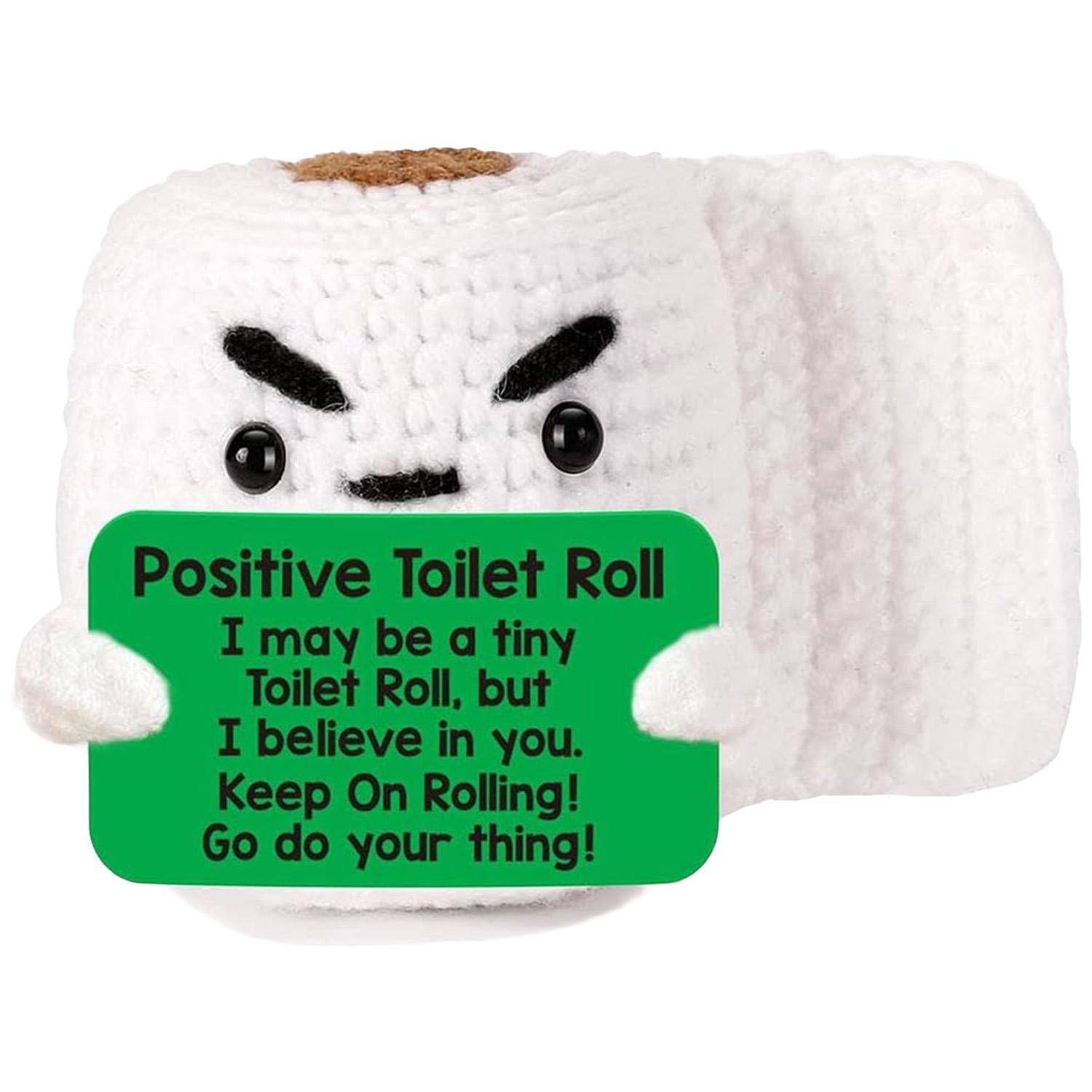 Super cute hand knitted positive toilet paper roll doll with inspirational vibes! Unique funny decor for bedroom, office and desk, a creative gag gift for women, men and friends. Small and amusing, it lifts mood instantly with its cheerful positive energy