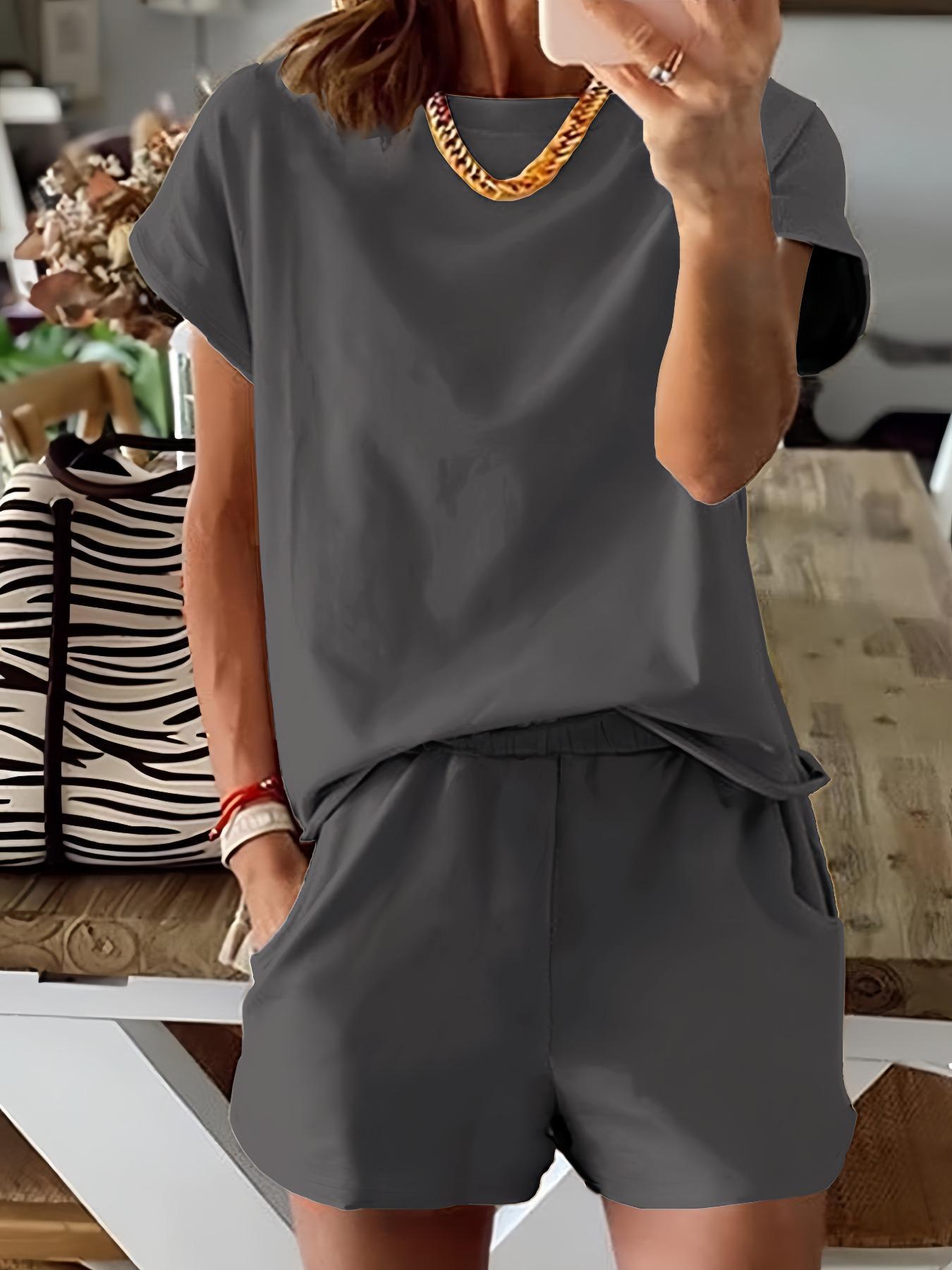 Women's Summer Short Sleeve Plain Set, Slim-Fit Natural Waist Design, Regular Length Pants & Tops, Perfect for Casual Wear