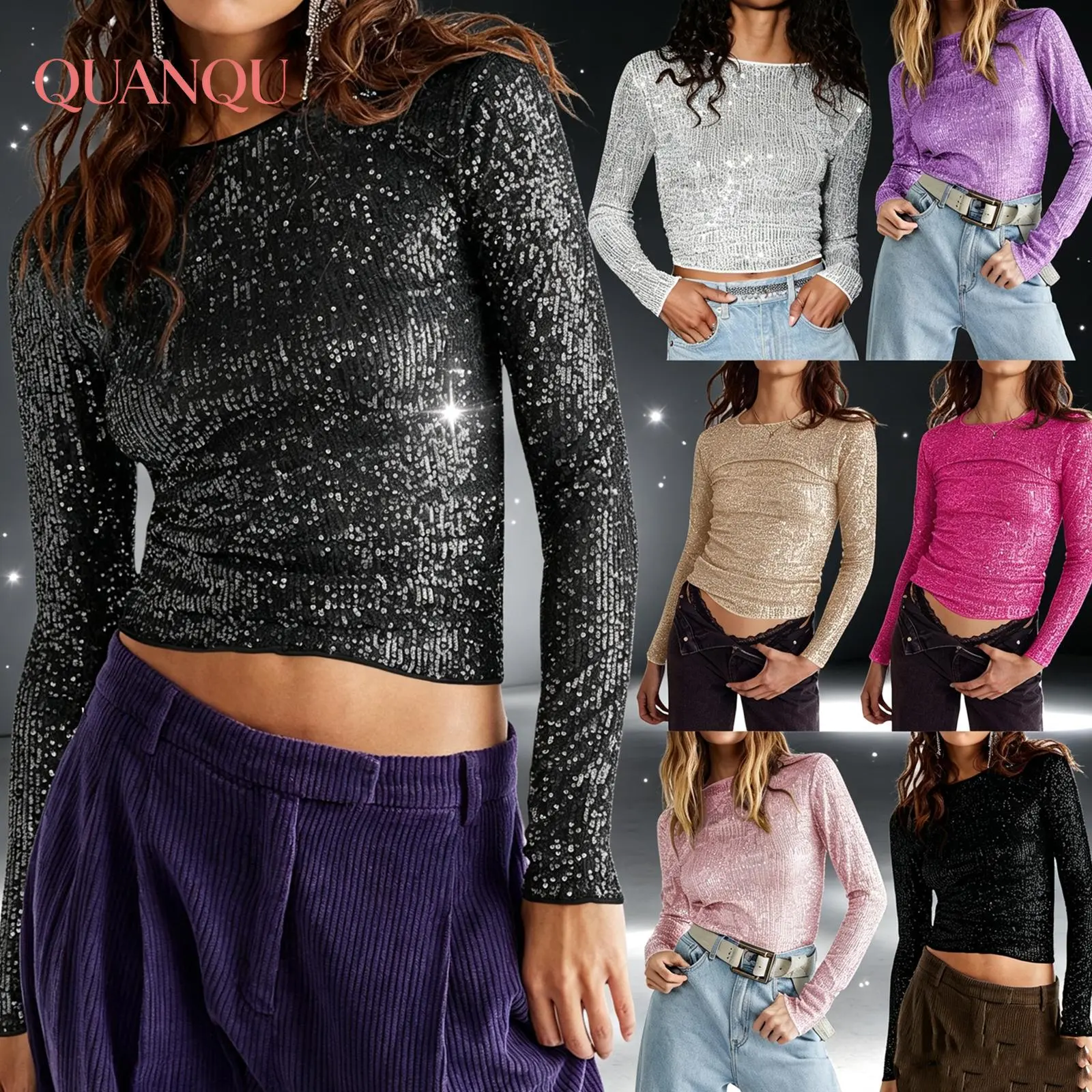 Women Long Sleeve Tops Sequins Basic Shirt Casual Pullover for Fall Club Streetwear Aesthetic Clothes