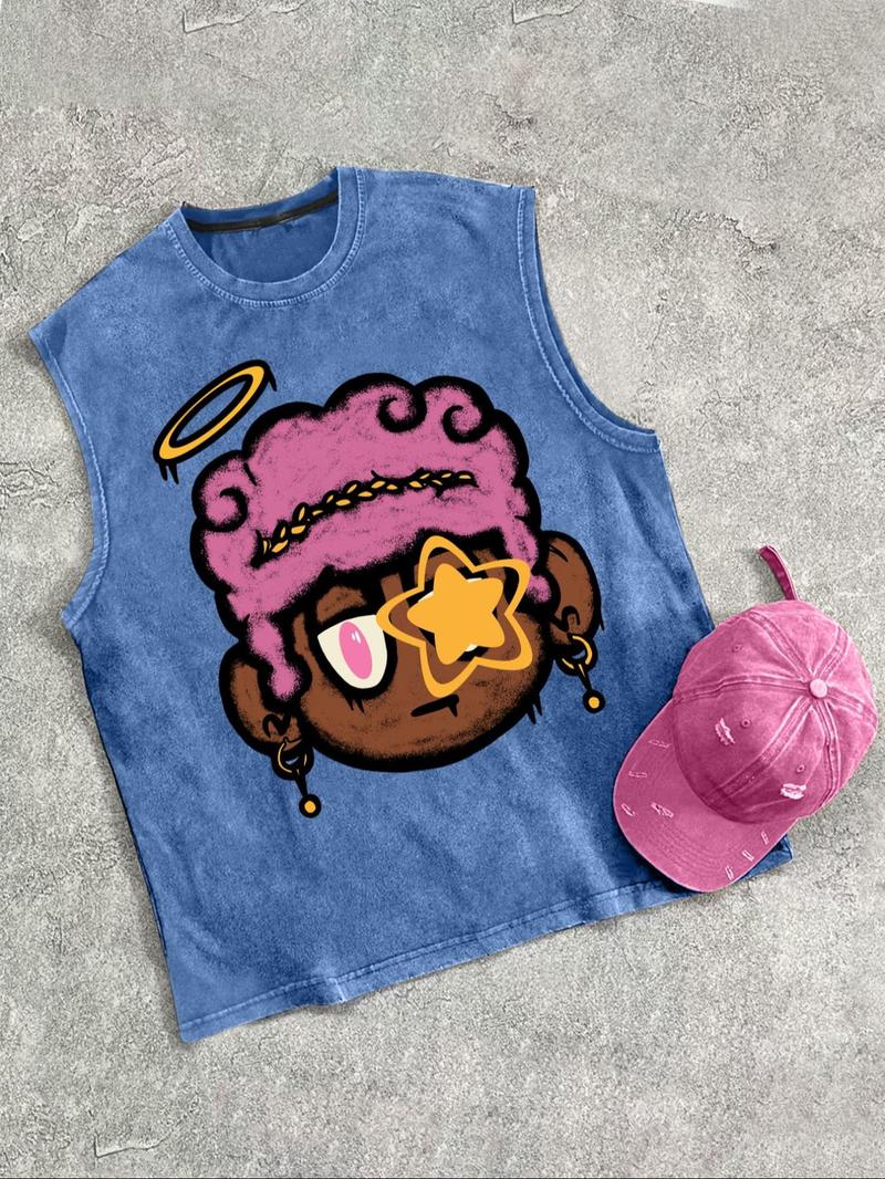 Men's Cartoon Print Tank Top, Regular Fit Casual Fashion Sleeveless Vest Top for Summer, Men's Clothes for Daily Wear, Clothing, Cotton Summer Tank Tops, Breathable Tank Tops