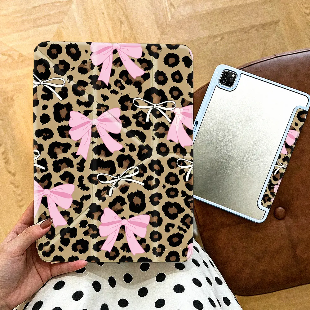 Yshaped Pink Bow Leopard Print Tablet Protective Case，Trendy Coquette Aesthetic Style，Compatible With Apple ipad 10th generation/IPAD Pro 13 2024/pro 12.9 2022/pro 11 2022/IPAD Air1/2/3/4/5/6th，With Pencil holder，Sleep/Wake Support