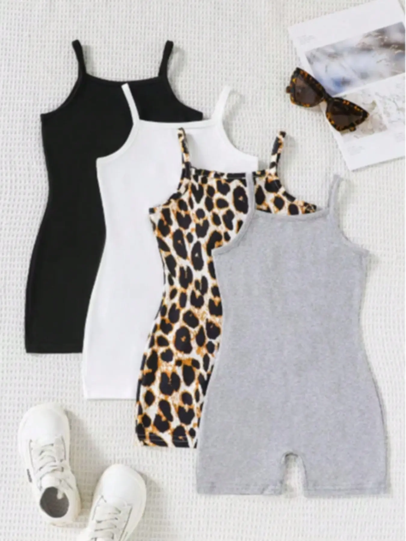 4 Pcs Girls Cami Romper Set, Casual Street-Style, Thin Spaghetti Strap, Stretchy Knit, Solid & Leopard Print, Summer Daily Play