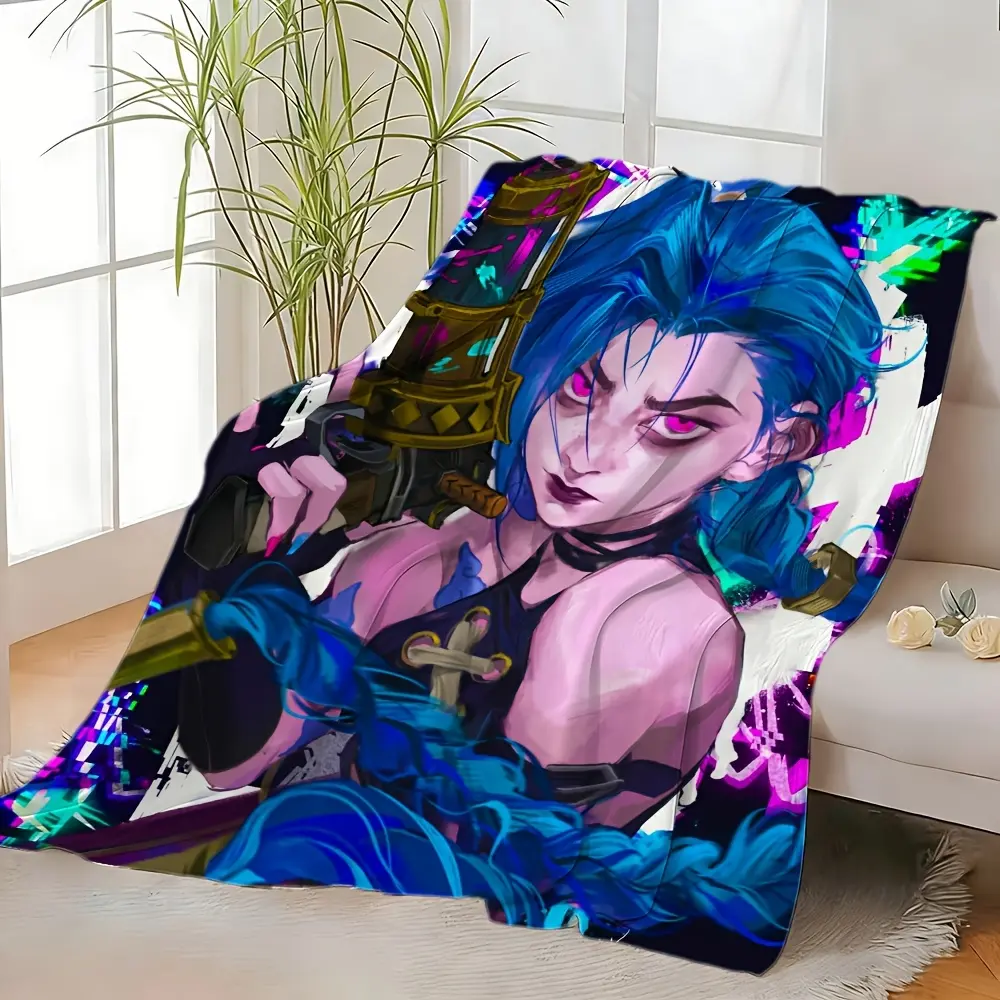 Jinx Arcane Blue Hair Anime Flannel Throw Blanket League of Legends Soft Fleece Blanket