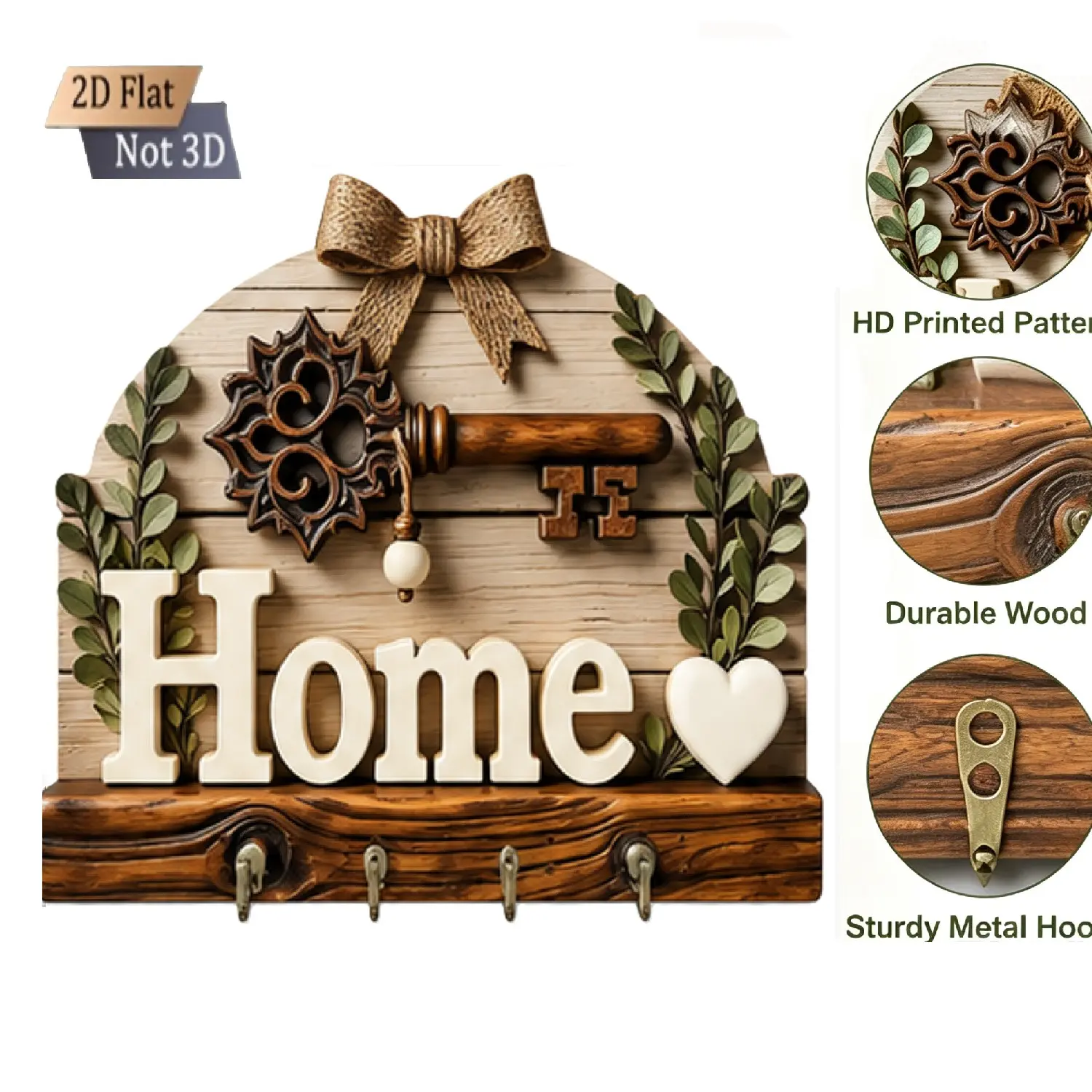 2D Flat Printing Wooden Hanging Hook, Simple Style Home Decor, Multi-Functional Key Holder, Vintage Living Room Decoration, Holiday Gift