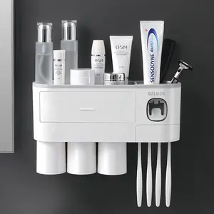 Toothbrush Holders for Bathrooms, 3 Cups Toothbrush Holder Wall Mounted with Toothpaste Dispenser - Large Capacity Tray, Cosmetic Drawer - Tooth Brushing Holder & Bathroom Accessories Organizer Organizing