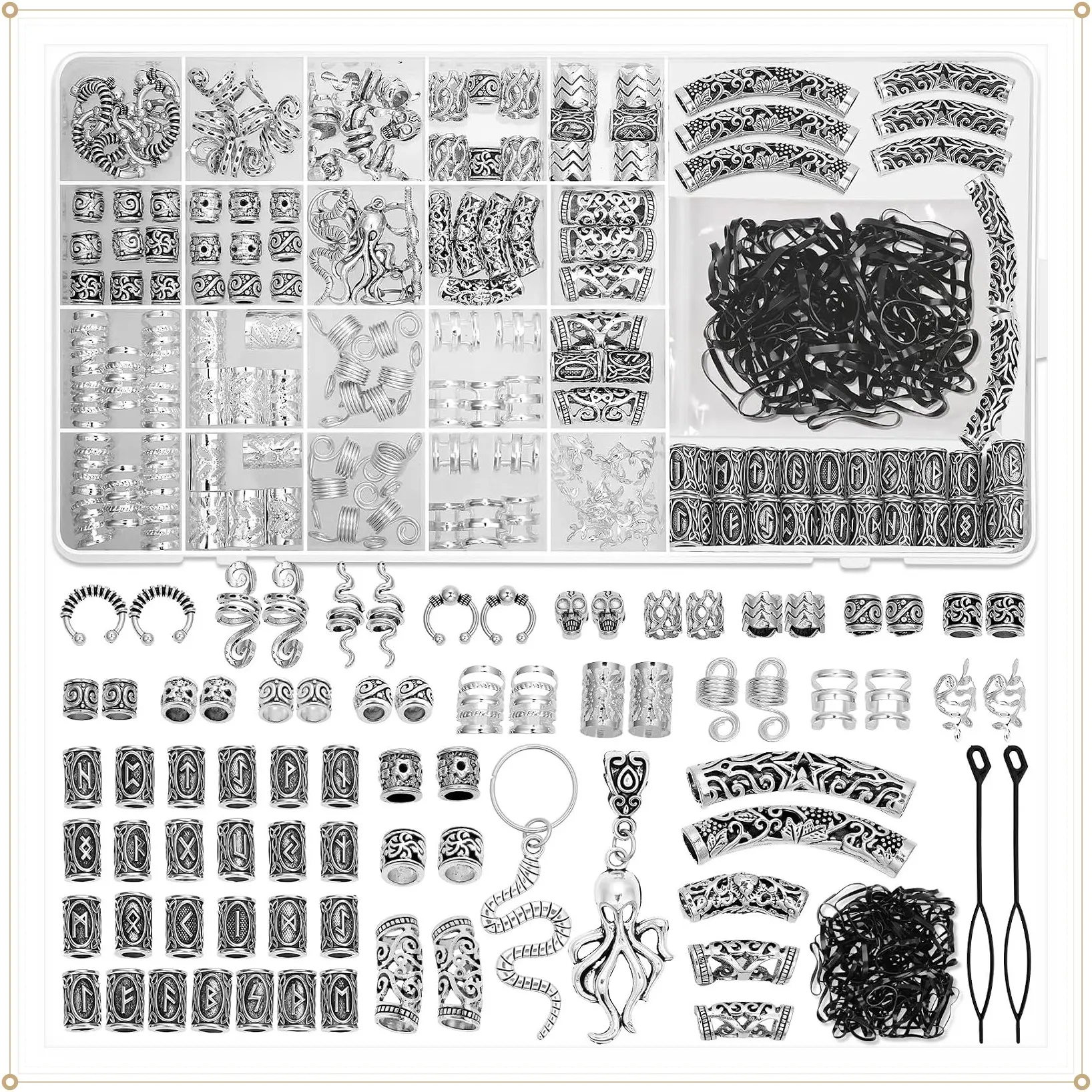 247Pcs Viking Norse Runes Hair Accessories Set - Tube Beads, Metal Cuffs, Clips, Rings, Dreadlock Beads for Braids Locs, DIY Hair Jewelry for Women Men, Beard Decoration, Bracelets, Necklace, SilverGift