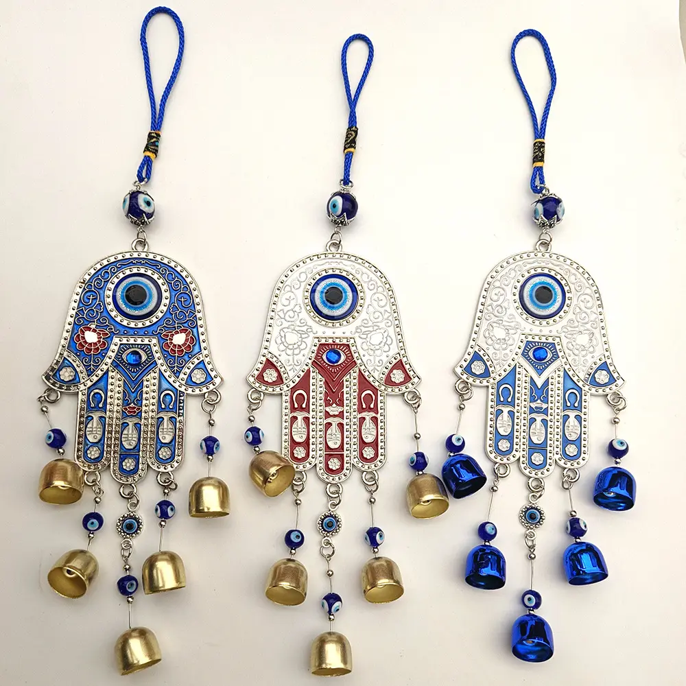 Hamsa Hand Evil Eye Wind Chime Wall Hanging Ornament, Turkish Blue Nazar Eye Metal Bell Pendant, Vintage Bohemian Home Door Wall Decor Gift