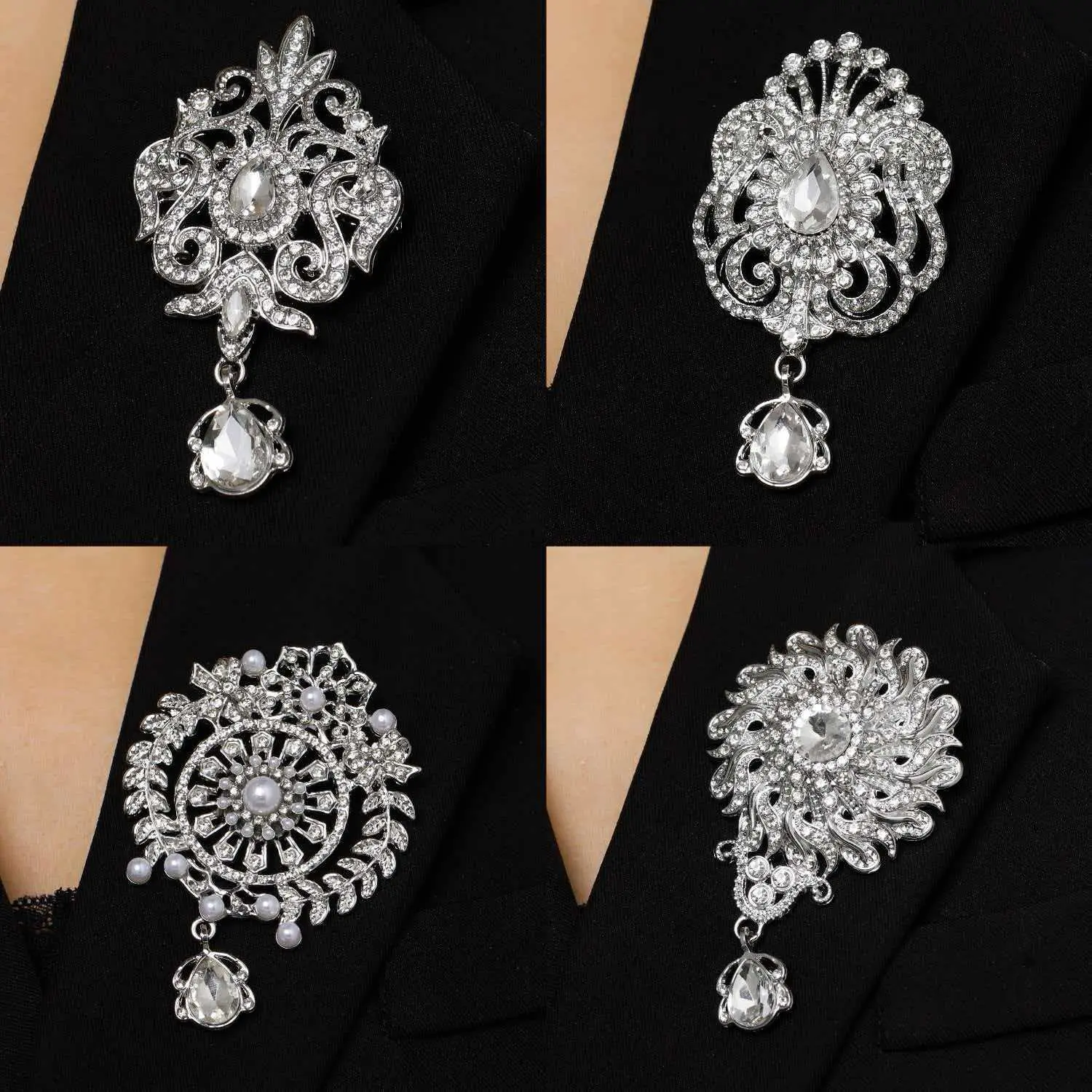 Silver Vintage Rhinestone Brooch Pin Set for Women – Crystal Baroque Dangle Lapel Badges | Elegance Pearl Laurel Sunburst Wedding Party Dress Jewelry Collection
