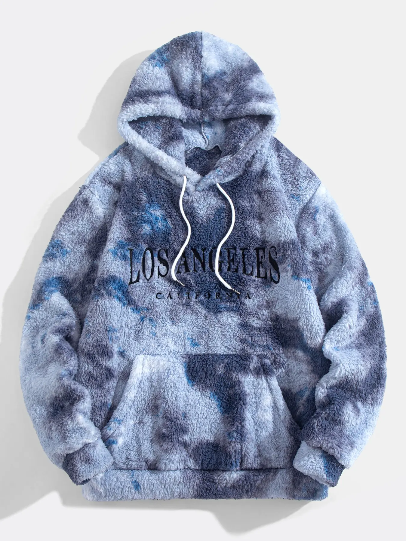 Blue Gradient Tie Dye Fluffy Fleece Hoodie for Men, California La Embroidery, Loose Warm Cozy Sweatshirt for Lounge and Daily Wear