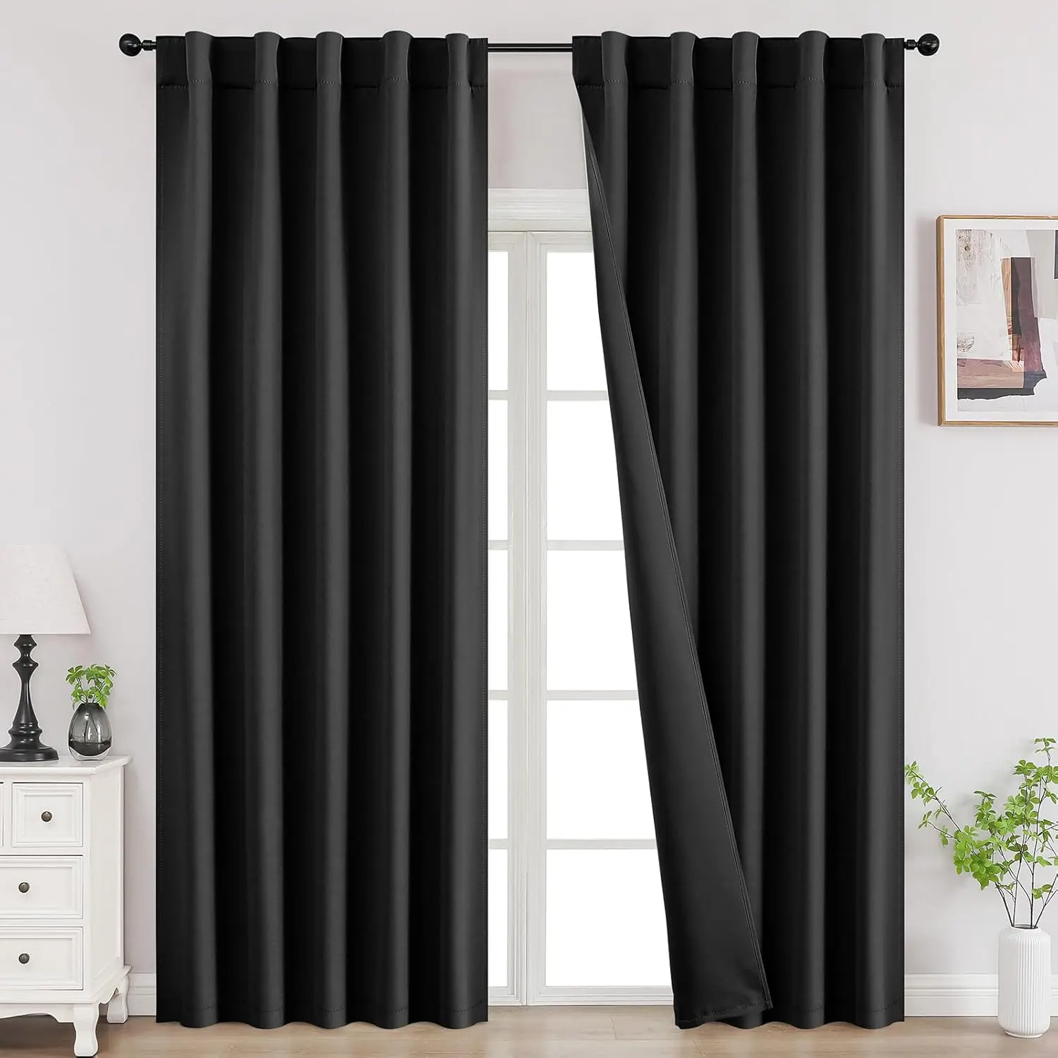 84 Inch Black Curtains 2 Panels Set, Blackout Curtains for Bedroom, Room Darkening Drapes for Living Room Window Rod Back Tab (W37 x L84 Inch, Black)