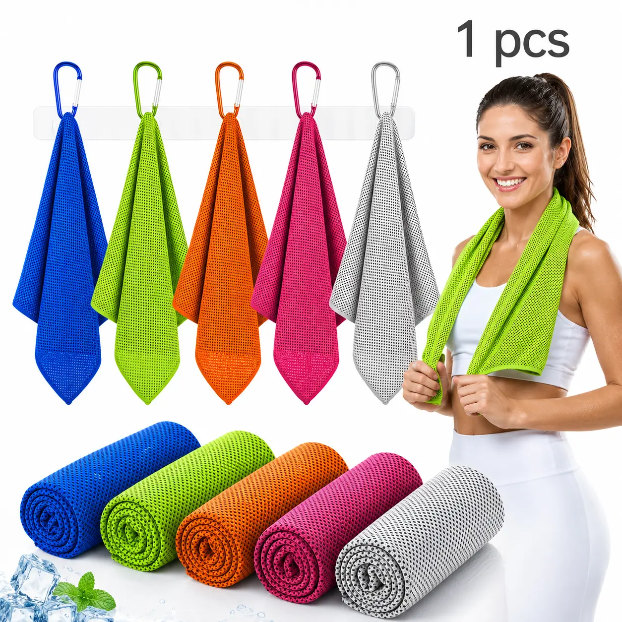 1PCS Microfiber Cooling Towel, Soft Breathable Gym Sweat Towel with Waterproof Bag & Carabiner for Running, Yoga & Travel