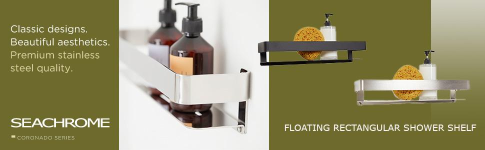 Rectangular Shower Shelf with Rail in Matte Black Finish