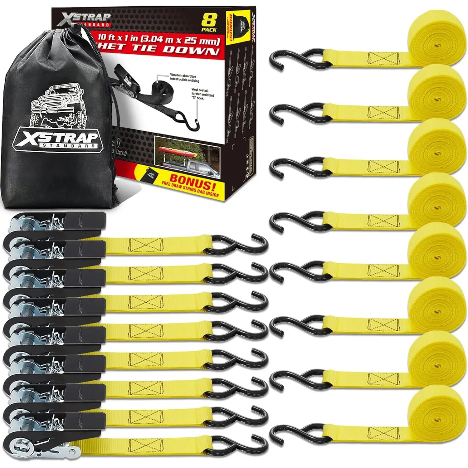 Ratchet Straps - 8PK - 1'' x 10 ft - 900 Break Strength Cargo Straps for Moving Appliances, Lawn Equipment, Motorcycle Yellow