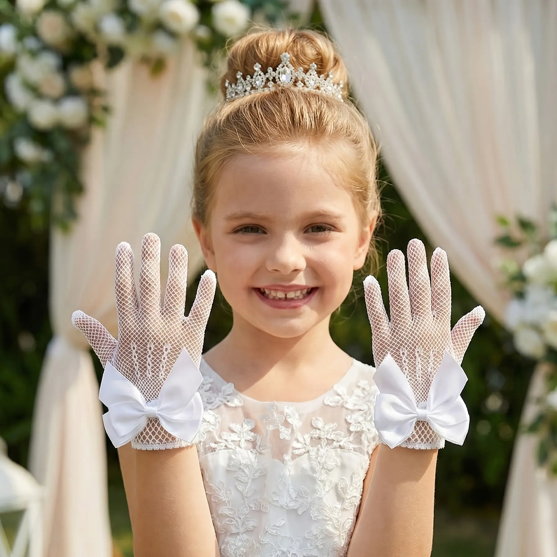 A Pair of Delicate Fishnet Gloves with Bows for Girls Aged 4-12, Featuring Soft Mesh And a Hollow Design, Perfect for Weddings, Flower Girls, And Tea Parties