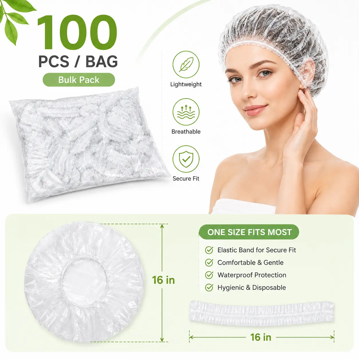 Disposable Shower Caps 100 Pcs, Thick Clear Plastic Bath Caps, Waterproof Hair Cover for Shower, Spa, Deep Conditioning & Cleaning