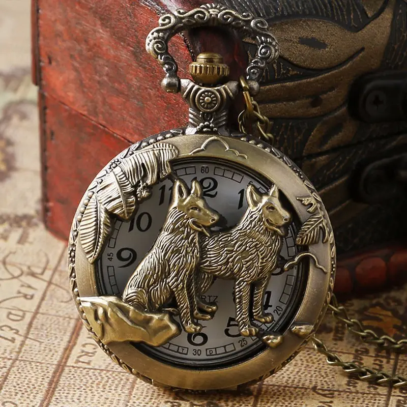 Ornate Vintage Pocket Watch, With Detailed Wolf Embossment and Leaf Accents, Is A Unique Statement Piece for Any Outfit.