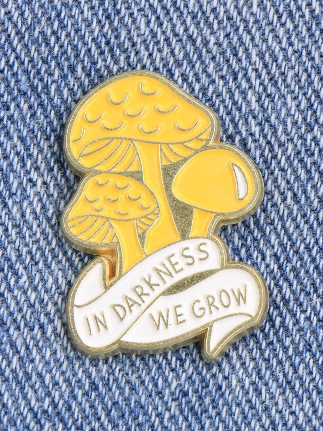 Vintage Yellow Mushroom Enamel Pin, In Darkness We Grow Quote Metal Brooch Pin, Women's Jacket Backpack Decorative Lapel Badge Accessory