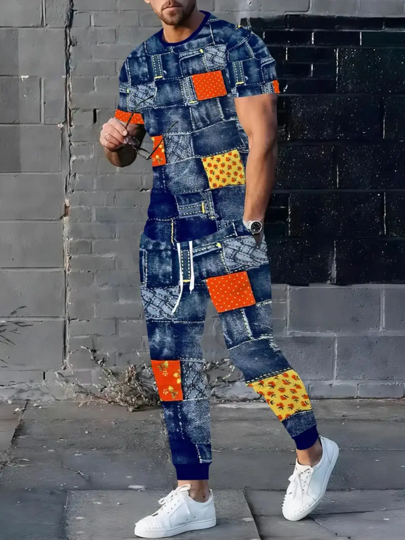 Men's Fake Denim Print Set, 3D Full-Print T-Shirt & Long Pants, Casual Fitted Suit, All Seasons, Ideal for Fitness, Vacation, Daily Wear