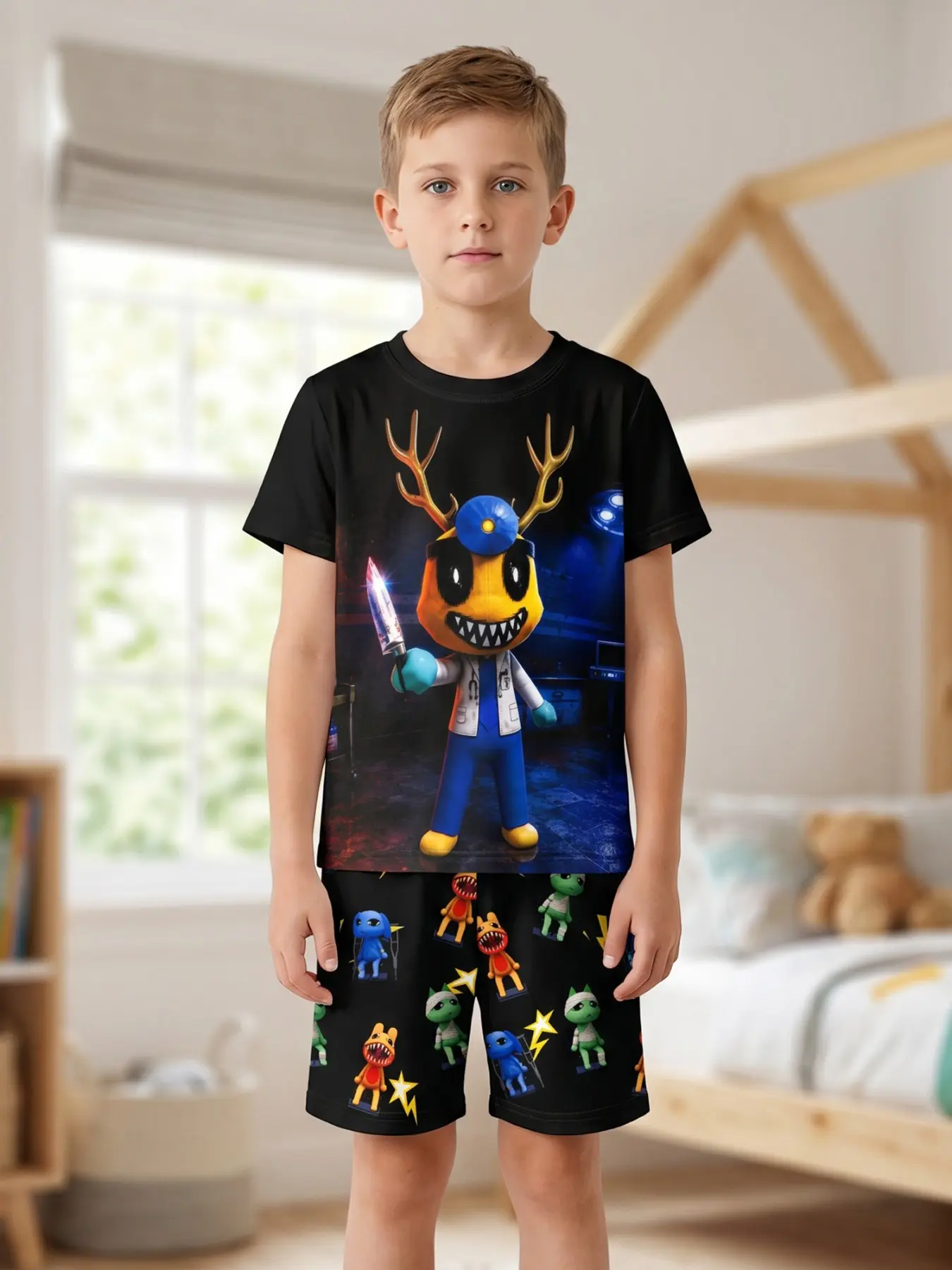 Animal Hospital Kids Doctor Cartoon Print Pajama Set, Cute Veterinarian Print Pajamas, Boys Girls Sleepwear (5-14 Years), Loose-Fit, All Seasons