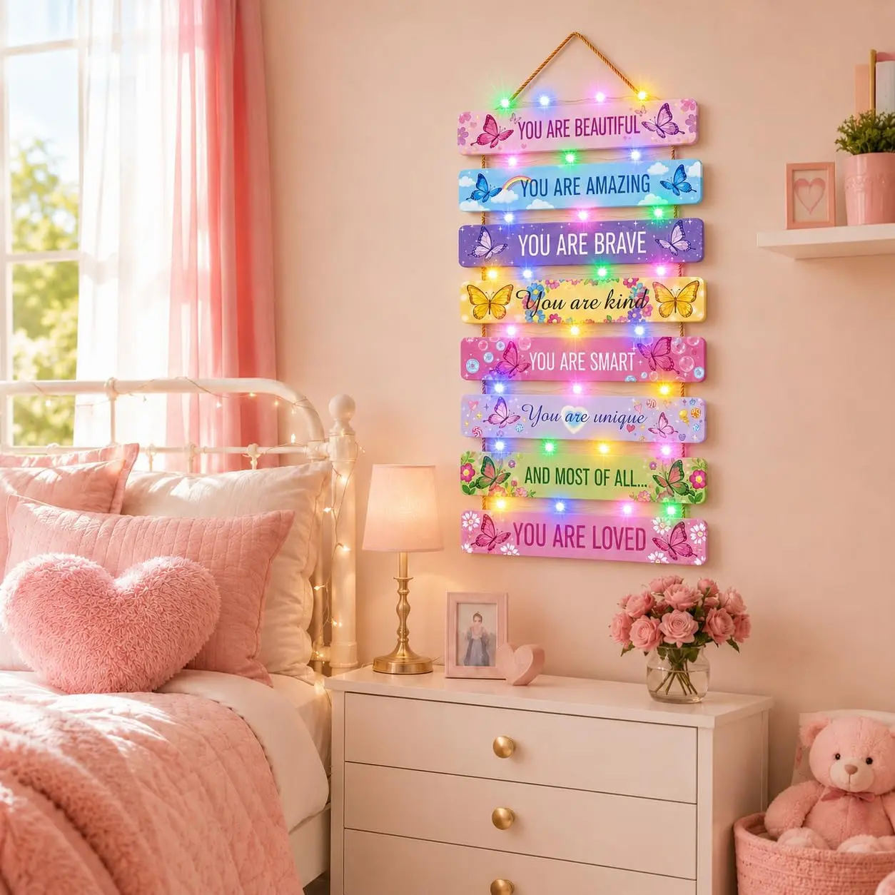 Cute Butterfly Room Decor Set of 8 with Led Light for Teen Girls Kids Toddler, Pink Inspirational Butterfly Wood Nursery Wall Decor for Bedroom, Dreamy Cozy Chic Motivational Princess Room Decor