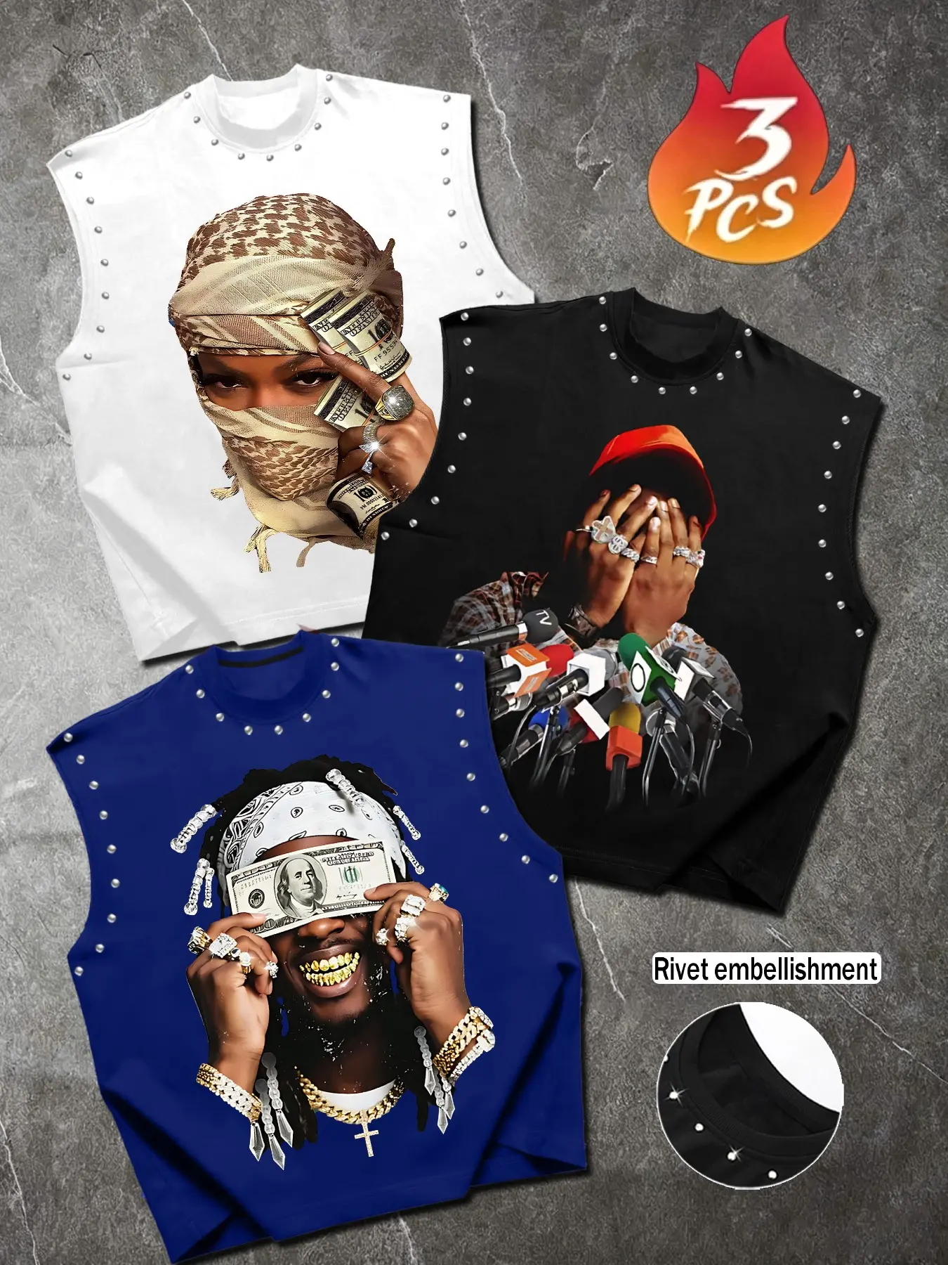 Men's Street Style Rivet Decor Sleeveless Vest, Hip Hop Rap Artist Portrait Print, Punk Fashion T-Shirt, Loose Fit, Multiple Colors Available
