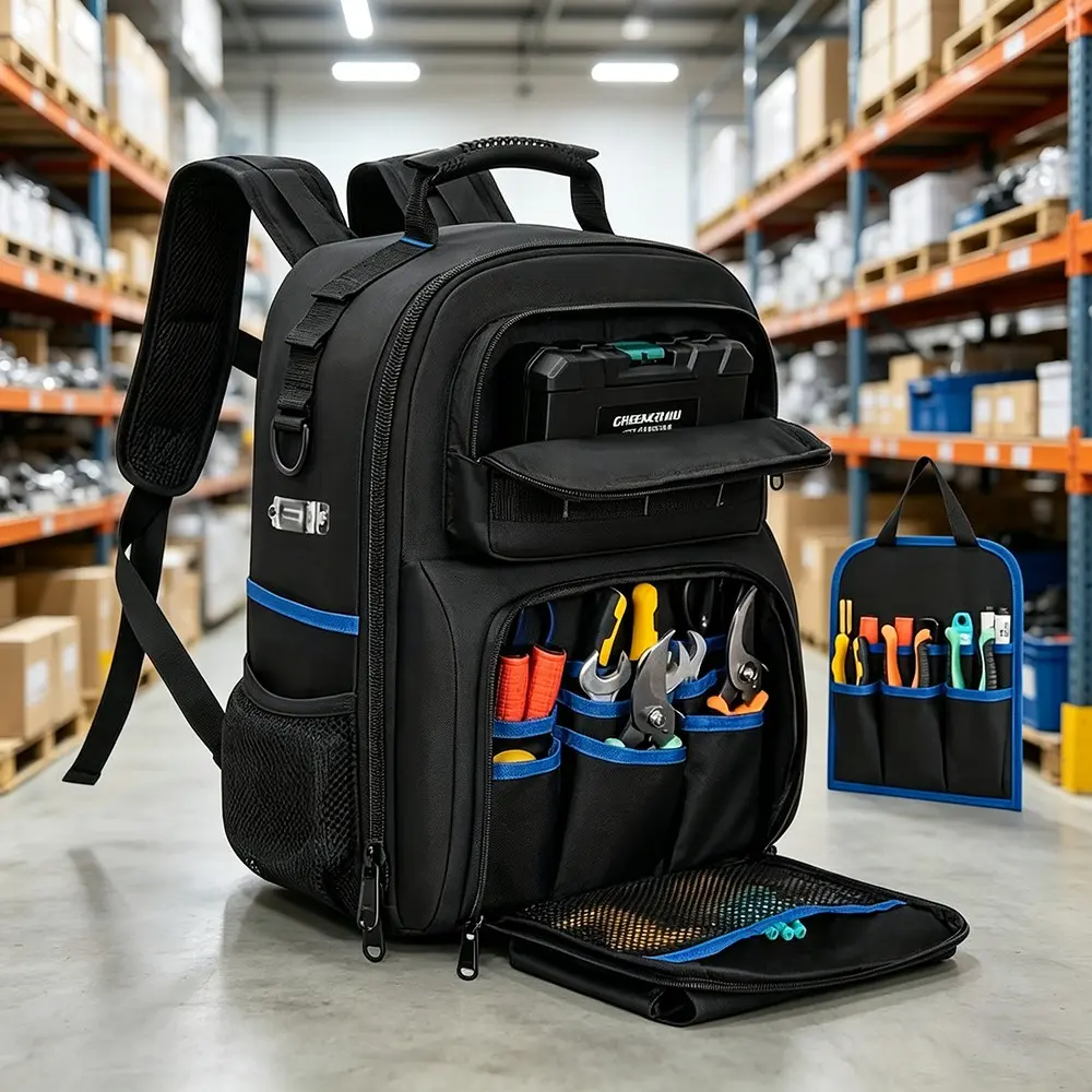 Tool Backpack, Thick Shoulder Straps, Detachable Tool Pockets, Waterproof Work Bag, Ideal for Electricians