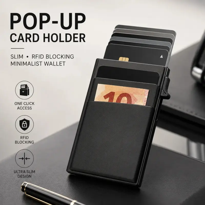 Pop Up Card Holder Wallet, Slim Minimalist Card Wallet with Cash Pocket, One Click Card Case Holds Up to 6 Cards, Front Pocket Wallet for Men & Women
