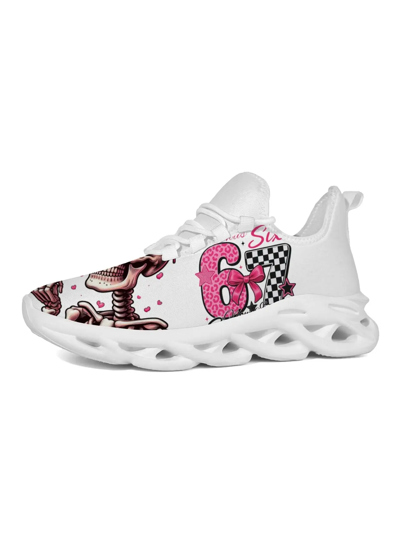 Fashion Gothic Skull Pink Heart Print Women Blade Chunky Sneakers, White Breathable Mesh Hollow Out Platform Trainers, Leopard 67 Number 6 Checkerboard 7 Bow Star Non Slip Lace Up Daily Outdoor Athletic Walking Shoes