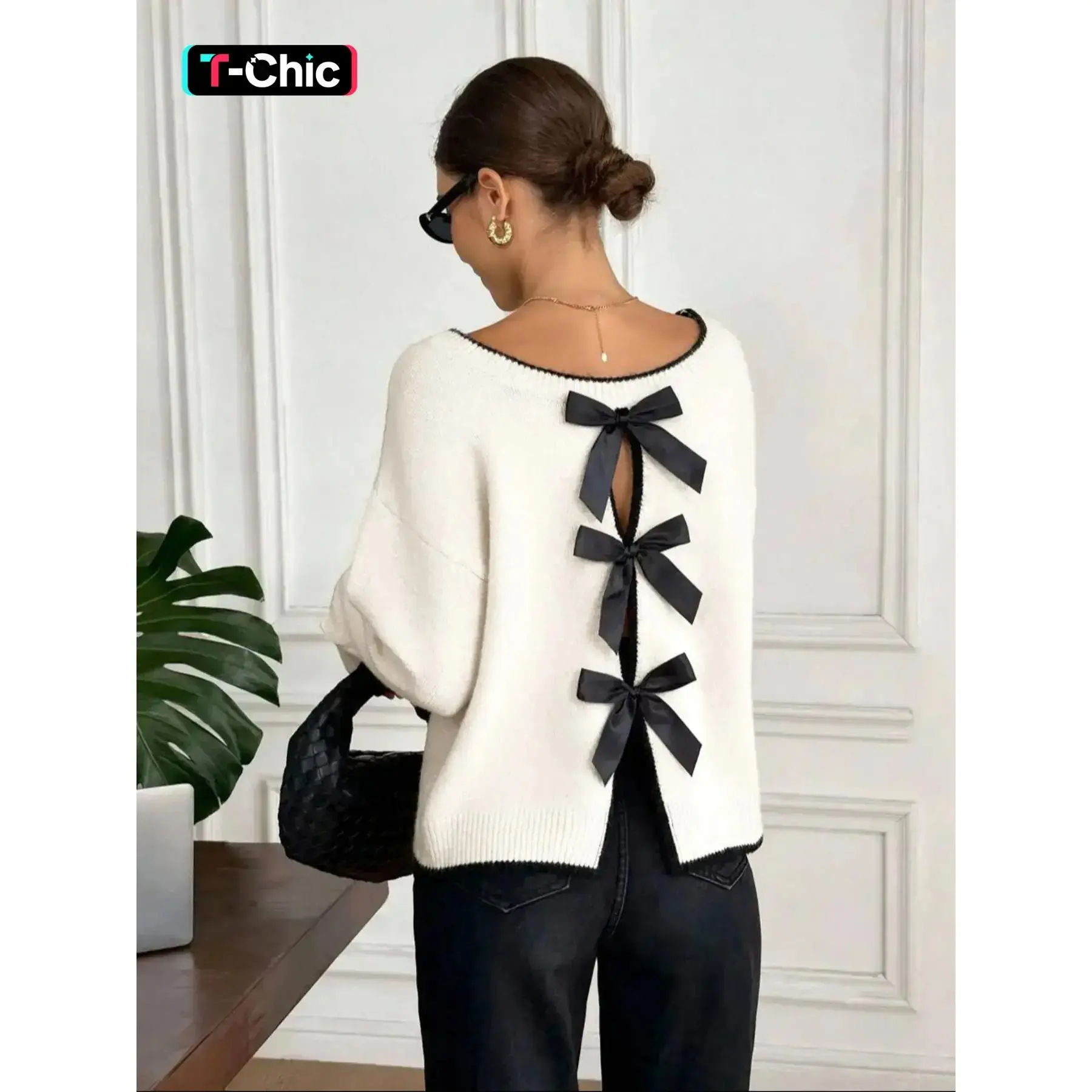 Women's Bow Back Sweater, Elegant Colorblock Loose-Fit Knit Pullover with Long Sleeves and Round Neck, Machine Wash, Casual, 1Pc, Plain