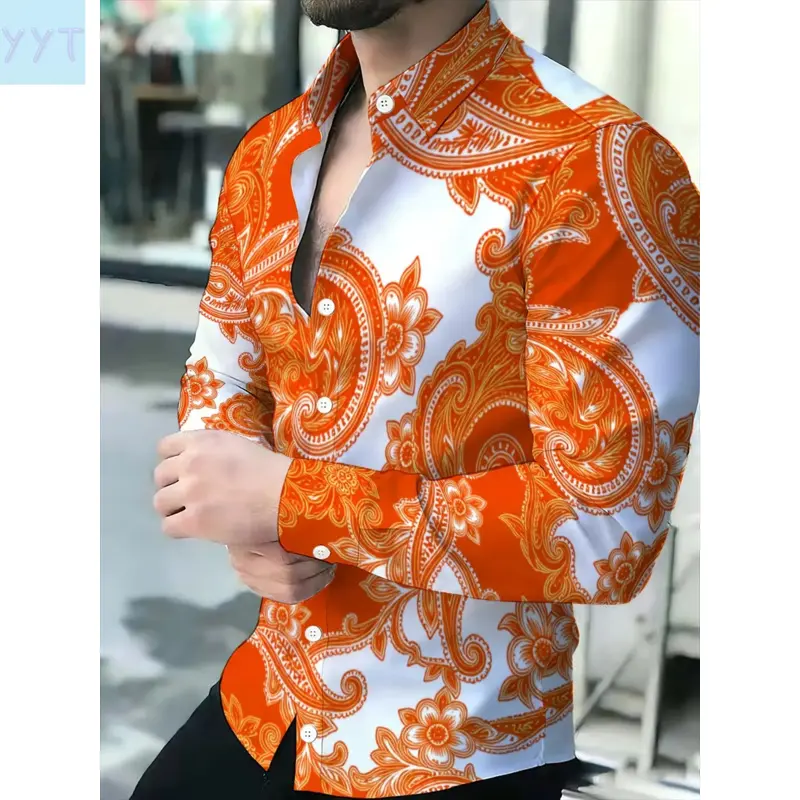 YYT1 Men's Vintage Print Collared Long Sleeve Shirt, Deep Blue Gold Pattern Design, Fashion Casual Top, Elegant Trendy Men's Clothing