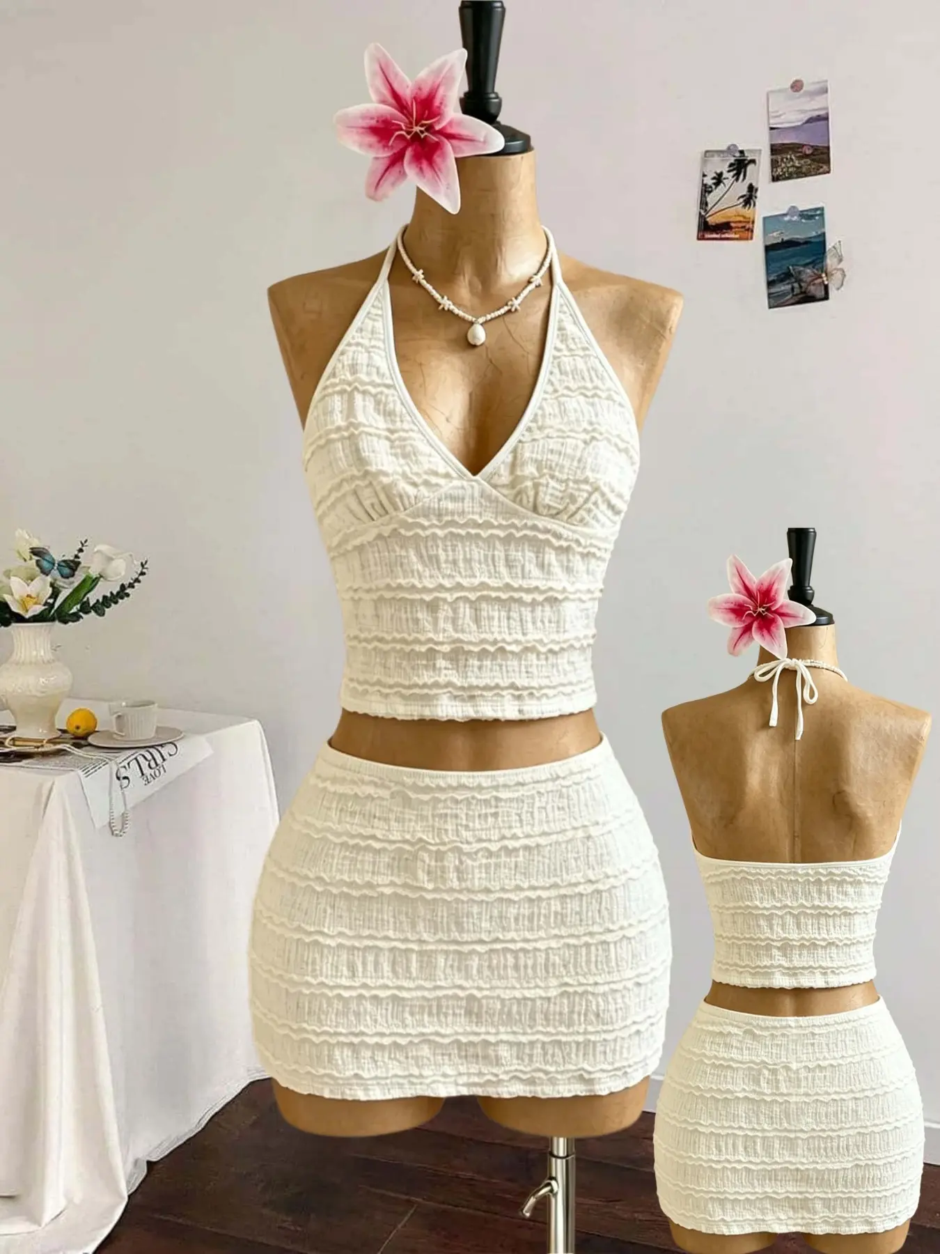 Textured Ruched Pleated Halter Two-Piece Set, Tie-Back Backless Tank Top + High-Waisted Short Skirt, Vacation Chic for Women, Elastic