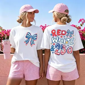 Red White & 250 Comfort Colors Shirt, America 250th Anniversary Shirt, Patriotic Bow Front and Back Print Tee, 4th of July Outfit